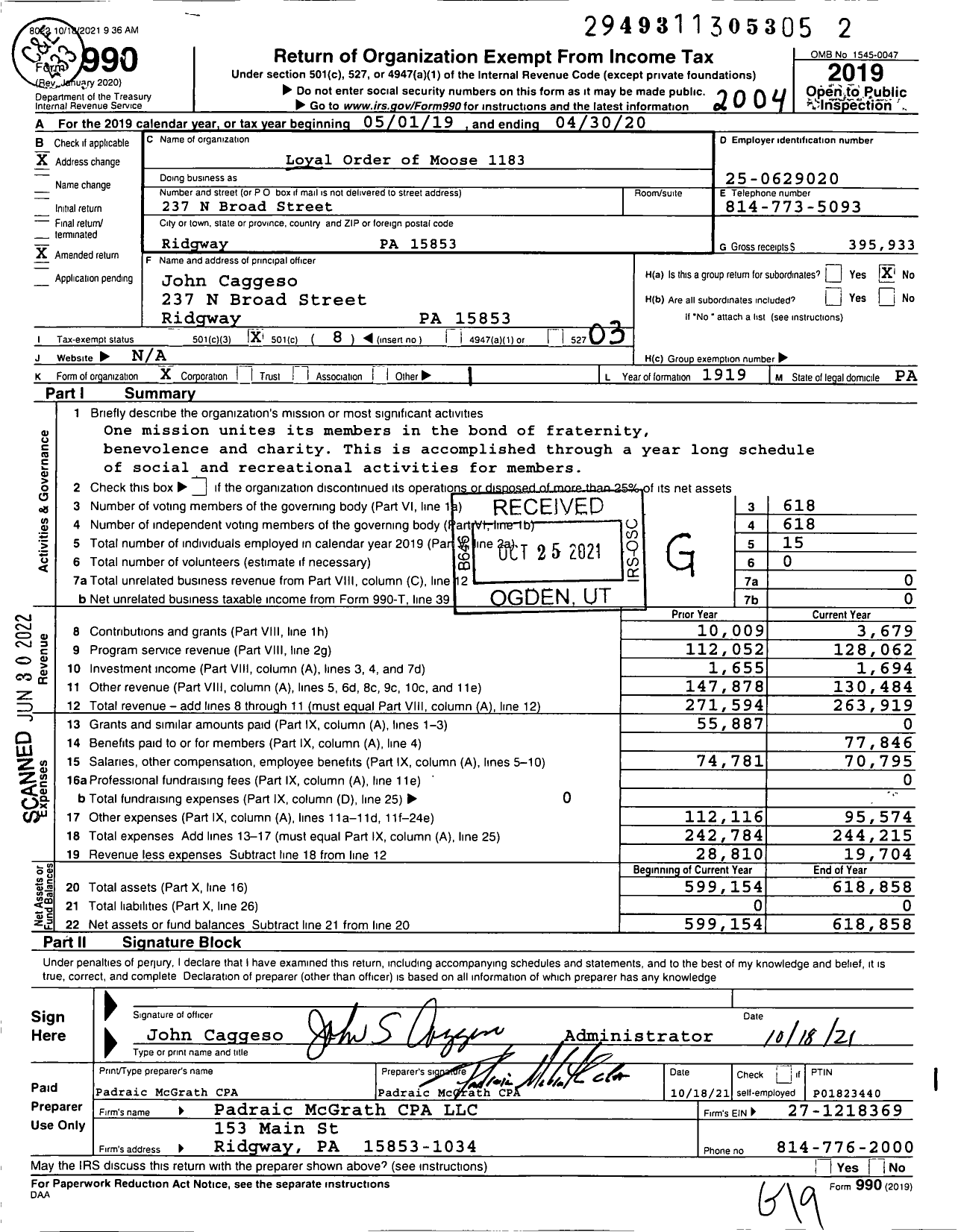 Image of first page of 2019 Form 990 for Loyal Order of Moose - 1183