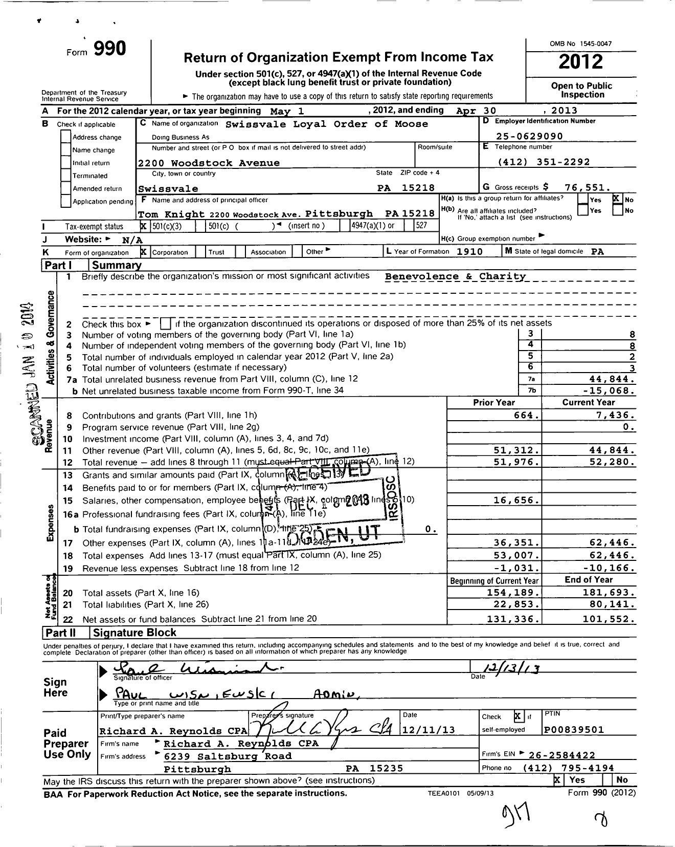 Image of first page of 2012 Form 990 for Swissvale Loyal Order of Moose