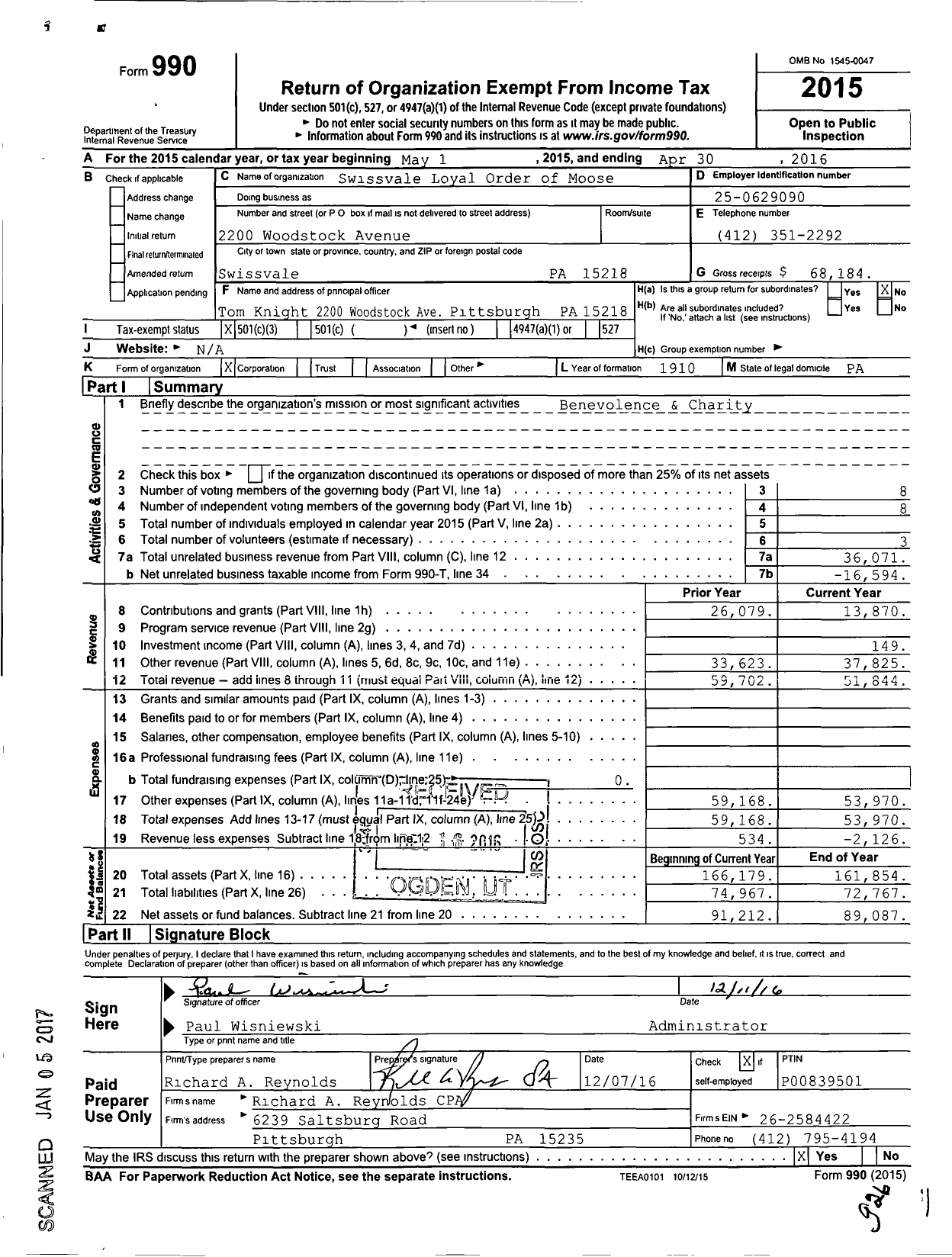 Image of first page of 2015 Form 990 for Swissvale Loyal Order of Moose