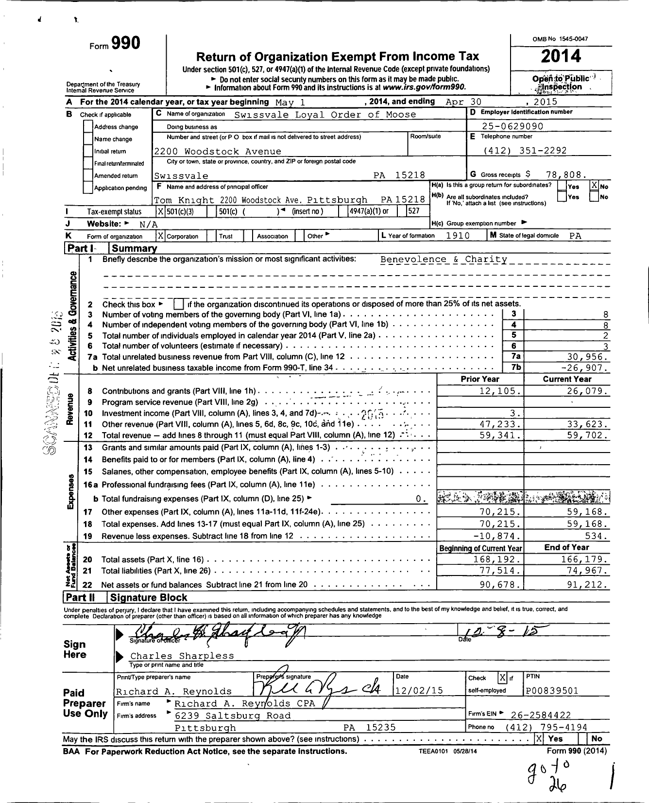 Image of first page of 2014 Form 990 for Swissvale Loyal Order of Moose