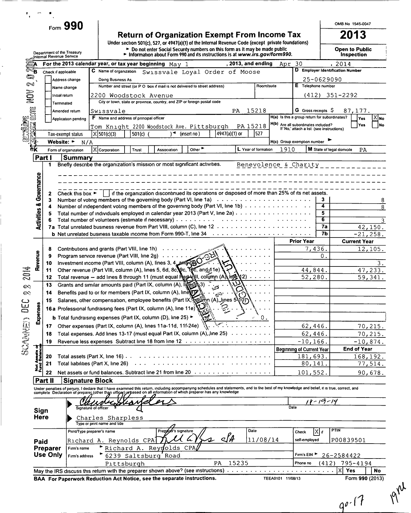 Image of first page of 2013 Form 990 for Swissvale Loyal Order of Moose