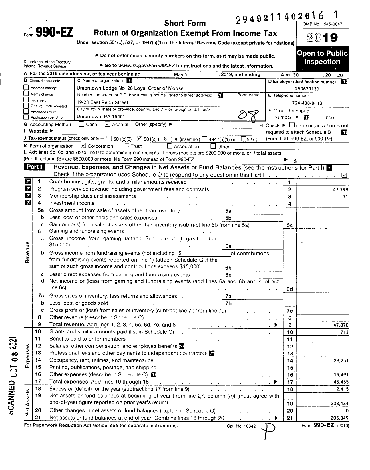 Image of first page of 2019 Form 990EO for Uniontown Lodge No 20 Loyal Order of Moose