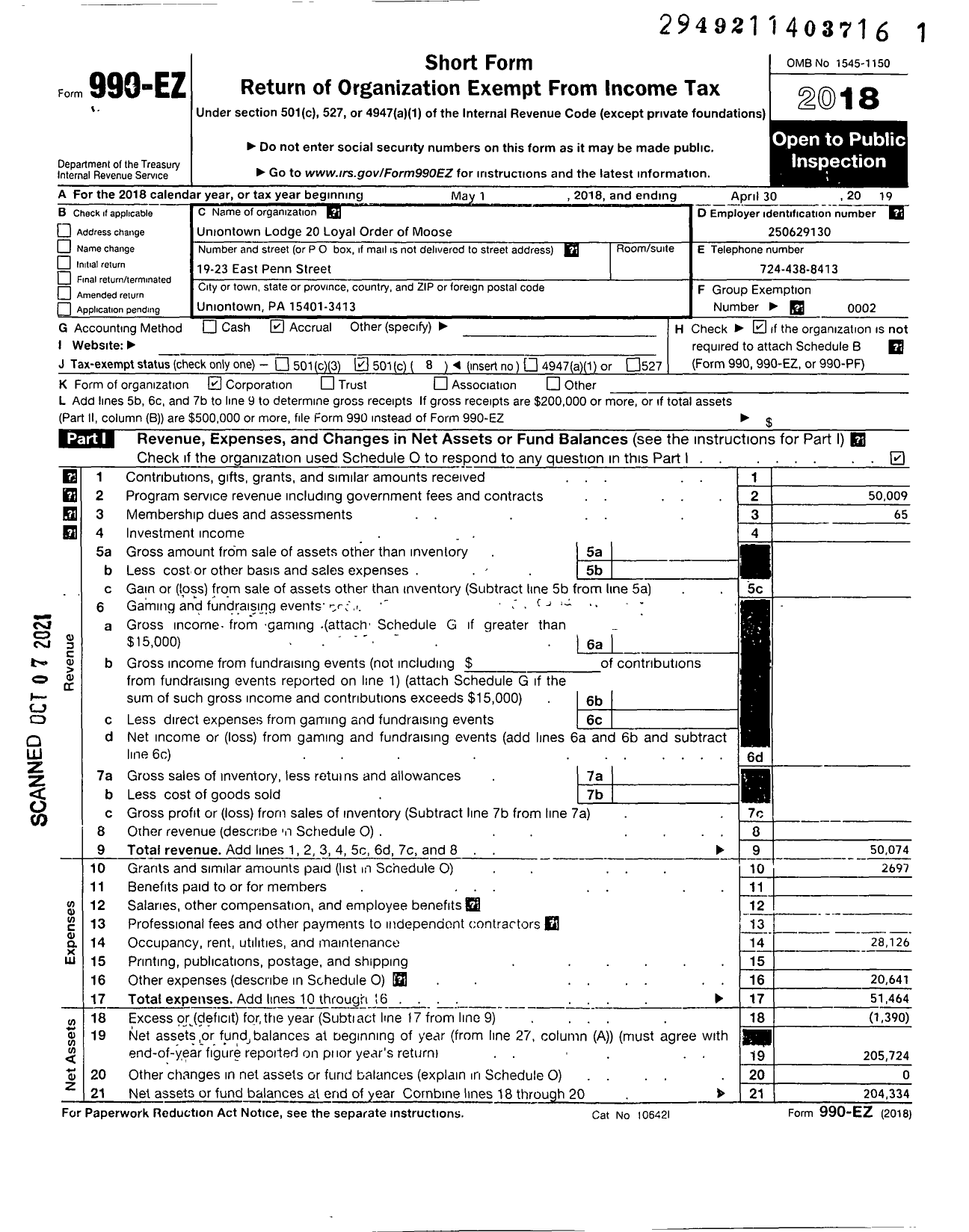 Image of first page of 2018 Form 990EO for Uniontown Lodge No 20 Loyal Order of Moose