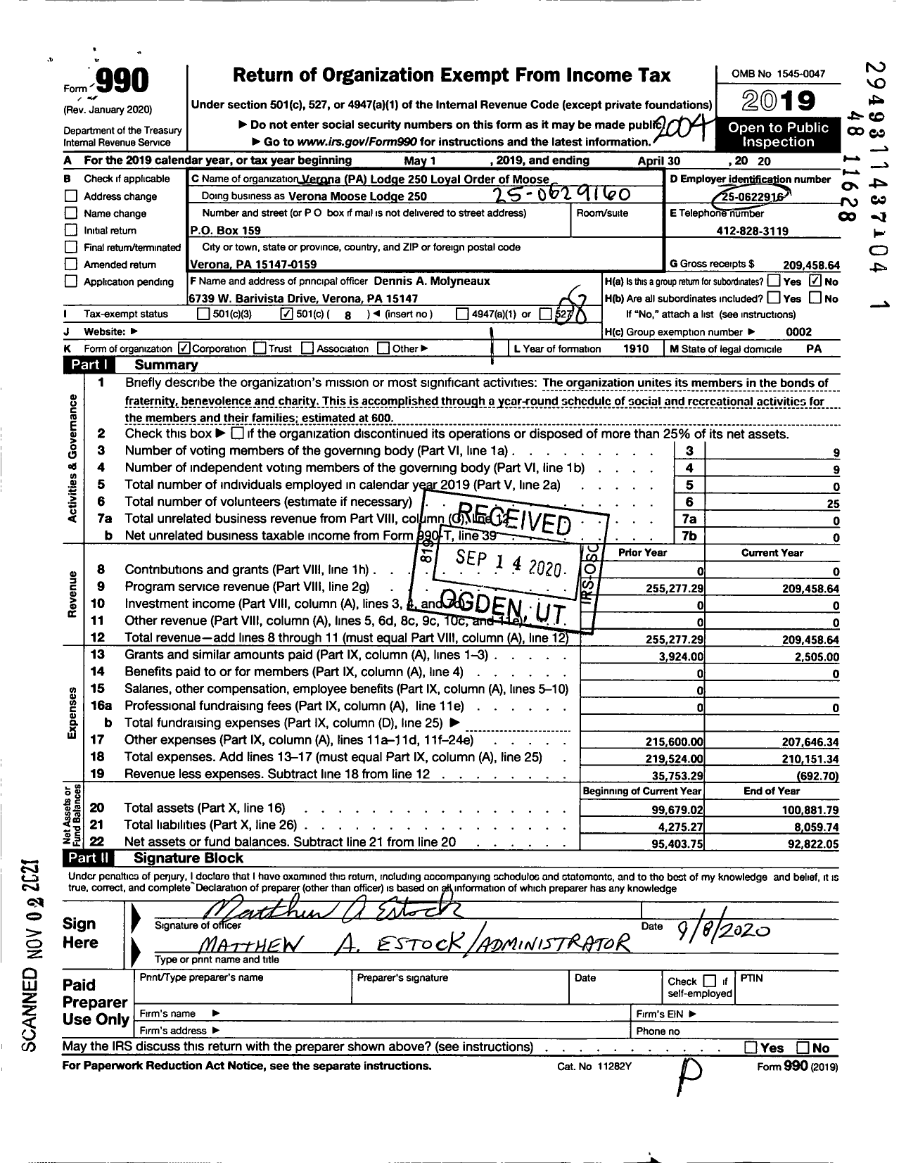 Image of first page of 2019 Form 990O for Loyal Order of Moose - Verona Moose Lodge 250