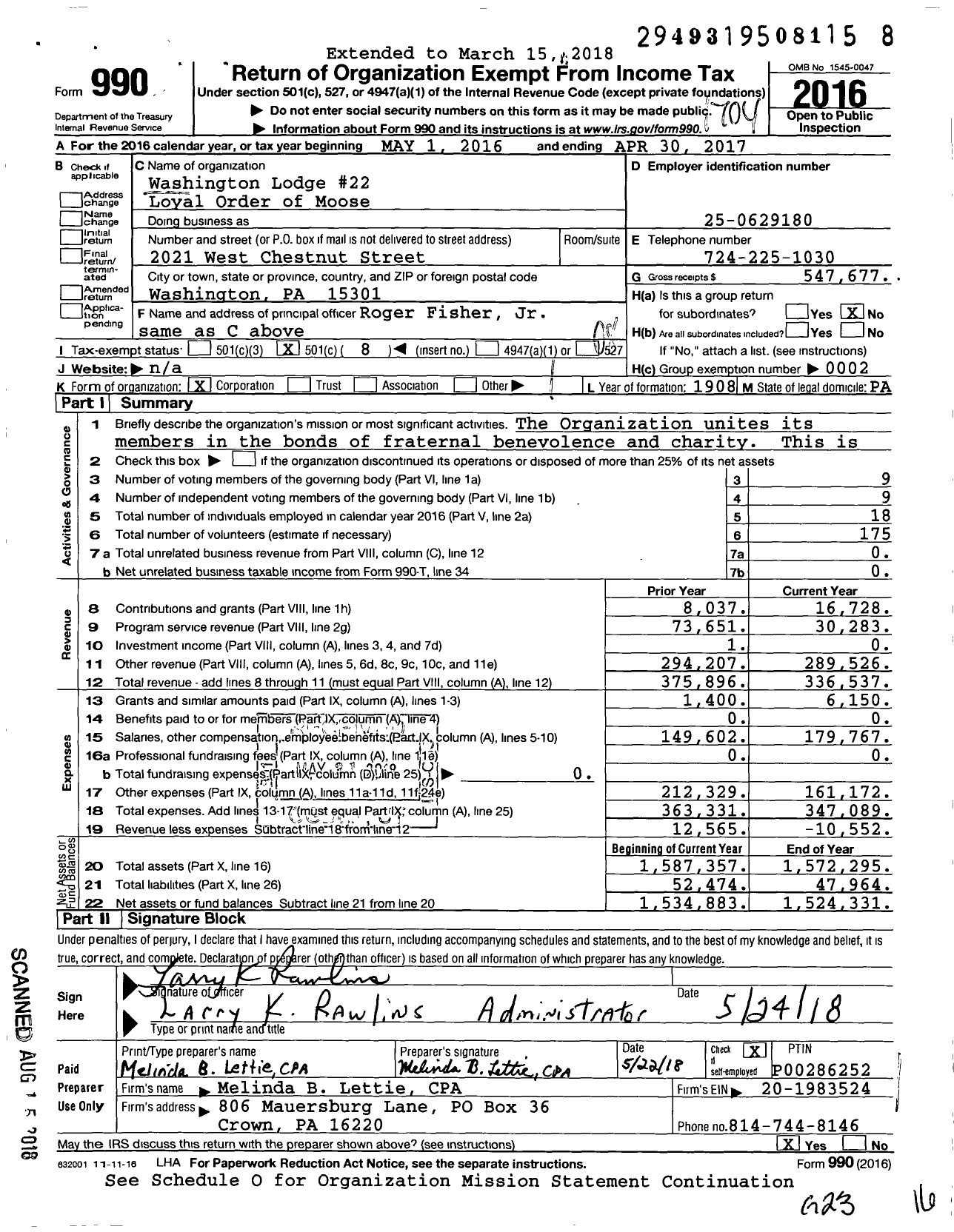 Image of first page of 2016 Form 990O for Washington Lodge 22 Loyal Order of Moose