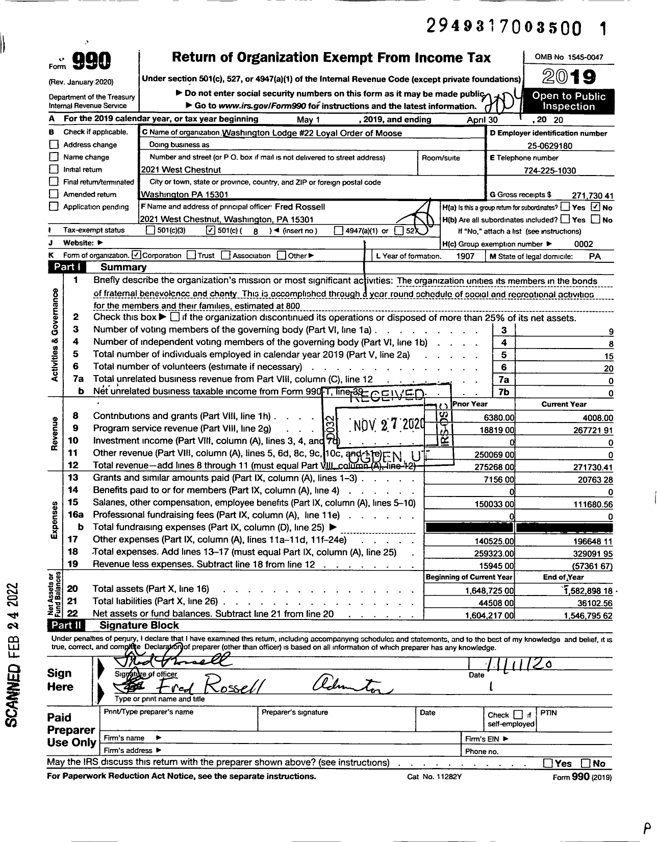 Image of first page of 2019 Form 990O for Washington Lodge 22 Loyal Order of Moose