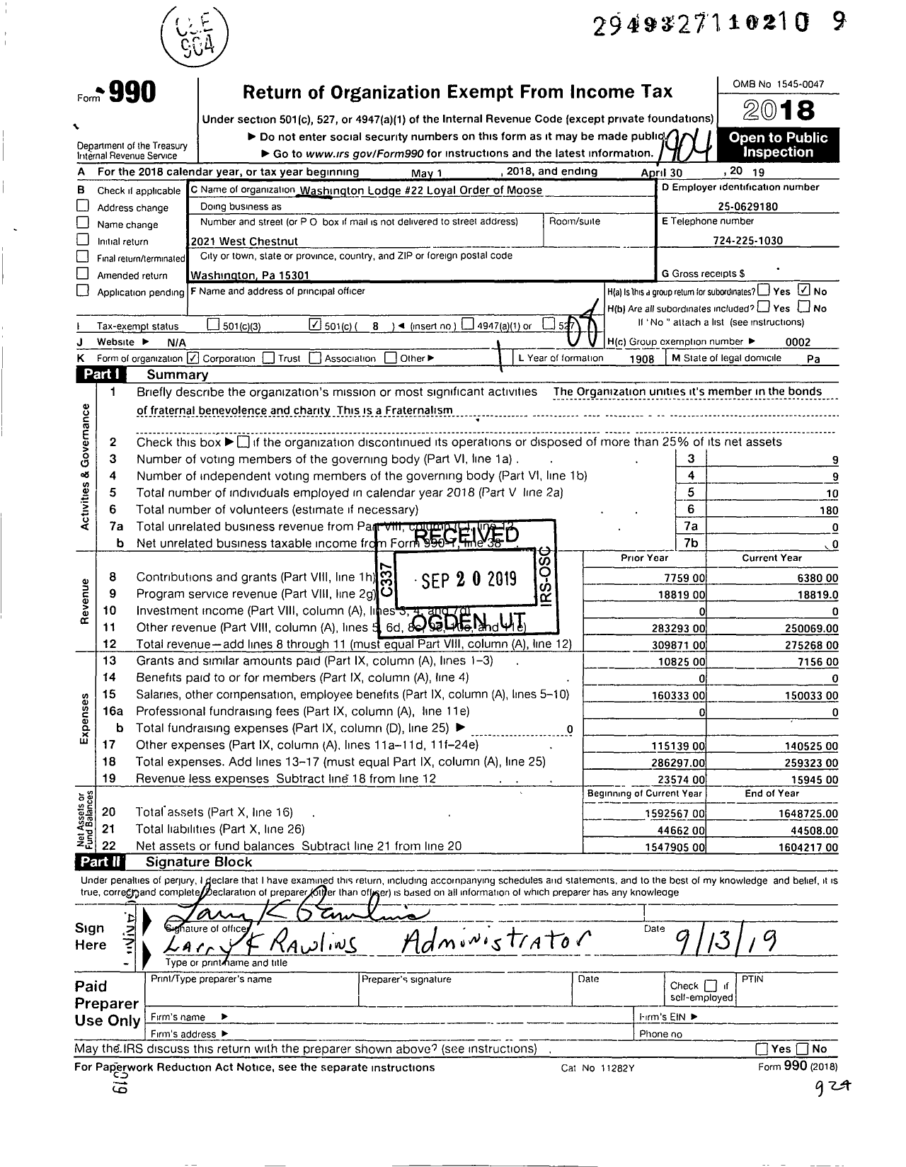 Image of first page of 2018 Form 990O for Washington Lodge 22 Loyal Order of Moose