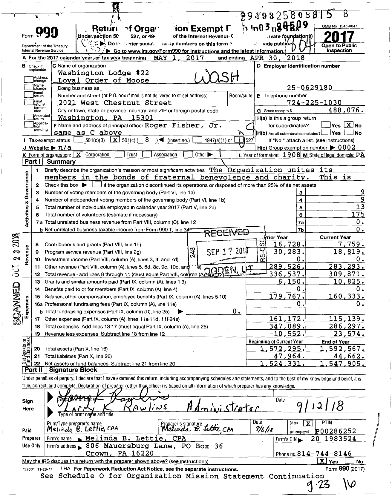 Image of first page of 2017 Form 990O for Washington Lodge 22 Loyal Order of Moose