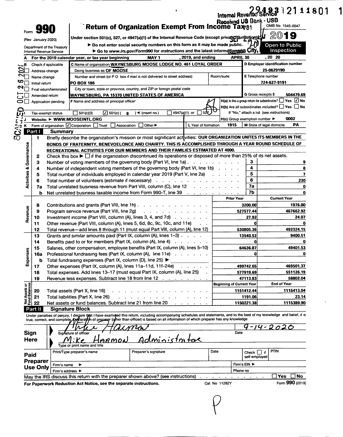 Image of first page of 2019 Form 990O for Loyal Order of Moose - 461