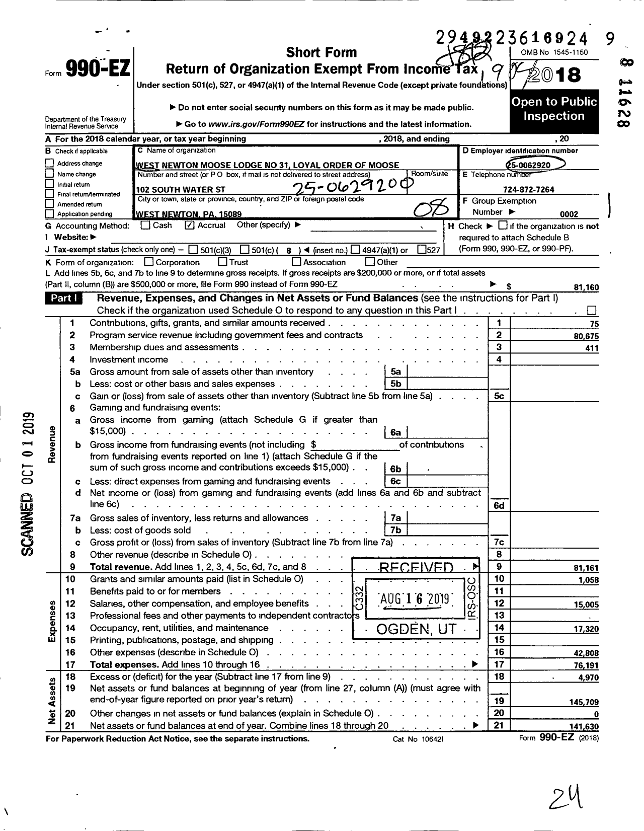 Image of first page of 2018 Form 990EO for Loyal Order of Moose - 31