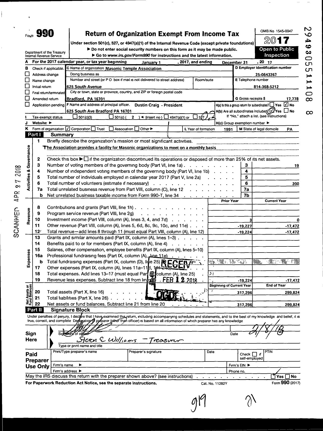 Image of first page of 2017 Form 990O for Masonic Temple Association