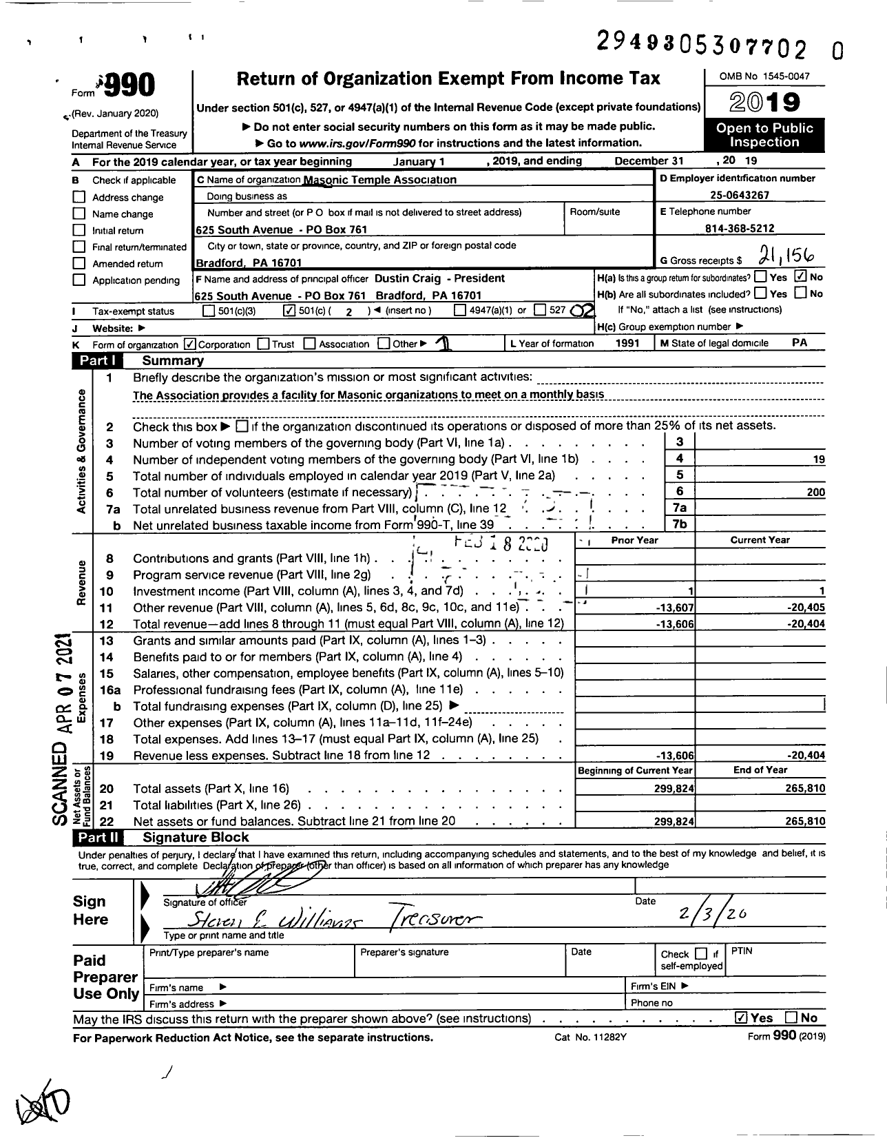 Image of first page of 2019 Form 990O for Masonic Temple Association