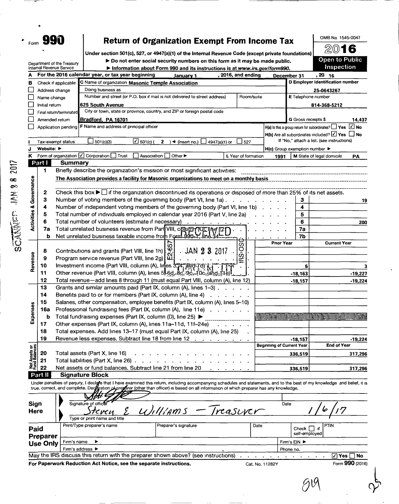 Image of first page of 2016 Form 990O for Masonic Temple Association