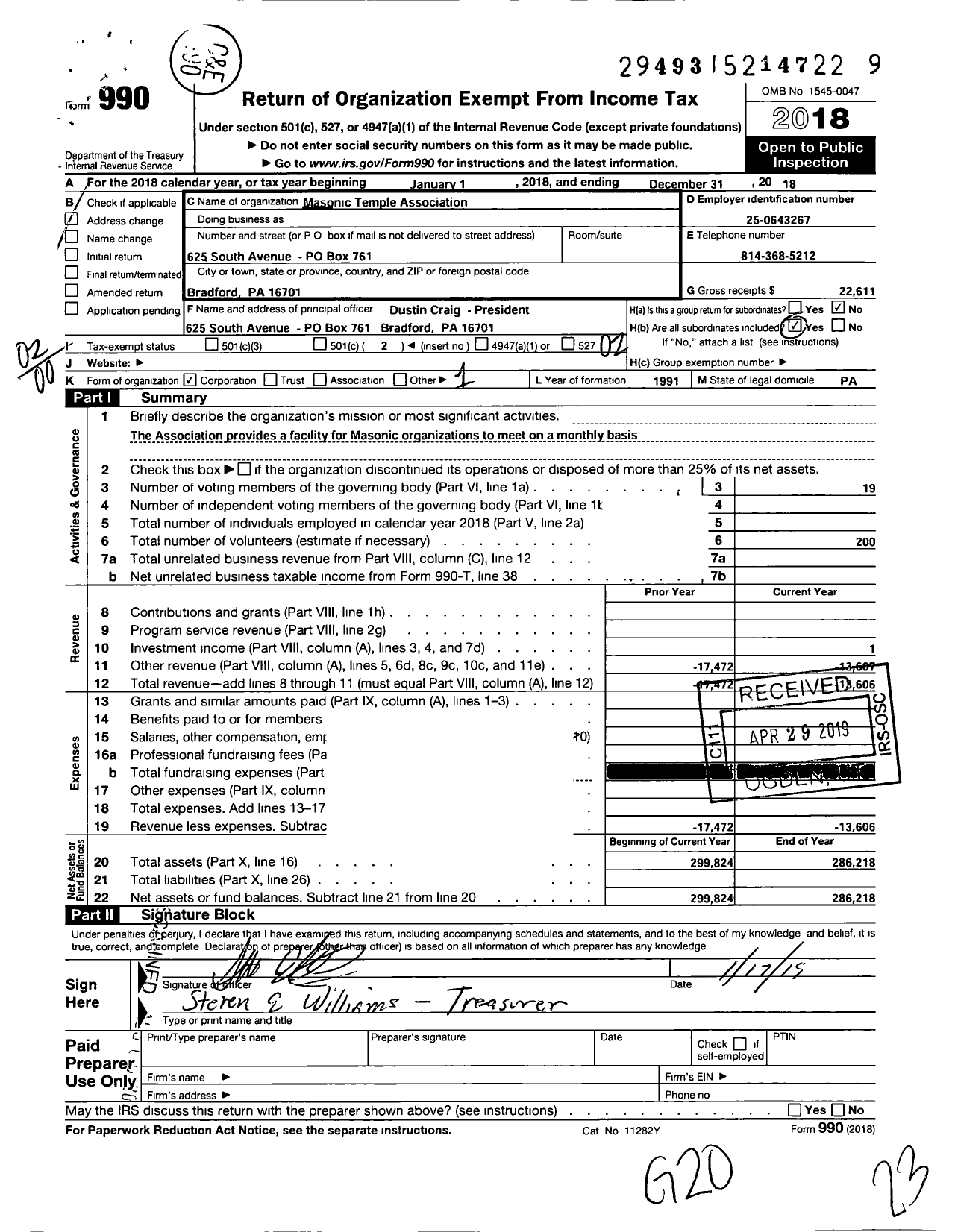 Image of first page of 2018 Form 990O for Masonic Temple Association