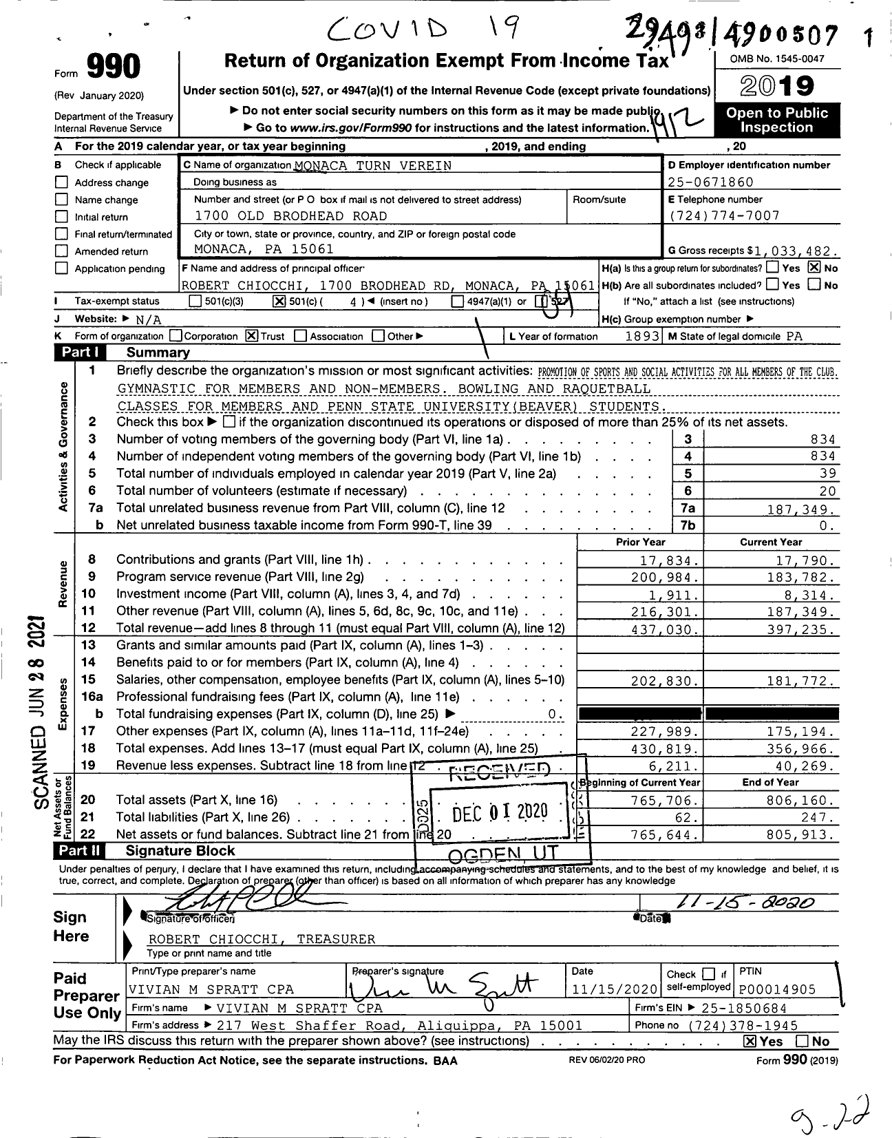 Image of first page of 2019 Form 990O for Monaca Turn Verein