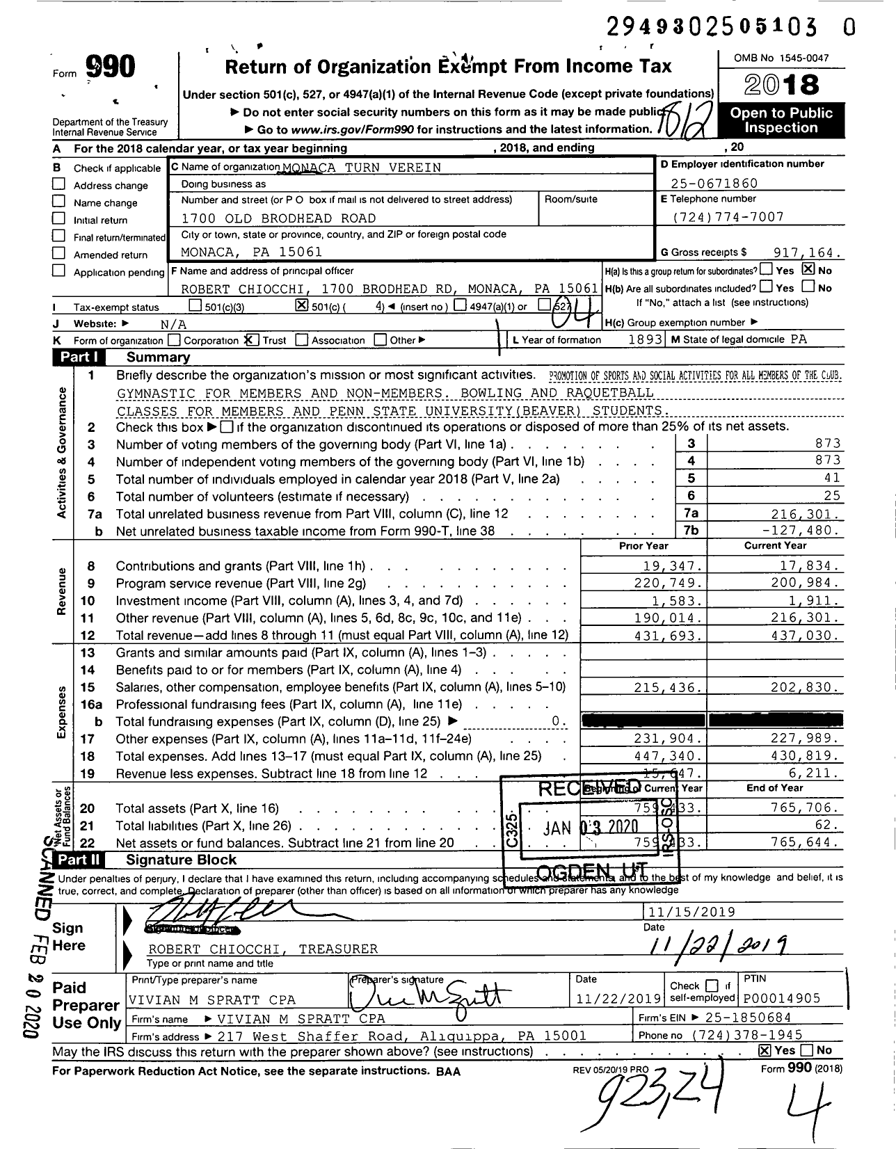 Image of first page of 2018 Form 990O for Monaca Turn Verein