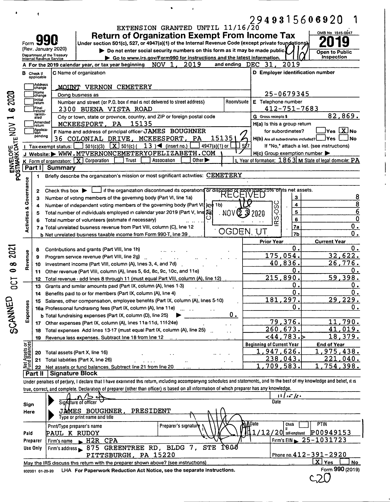 Image of first page of 2019 Form 990O for Mount Vernon Cemetery