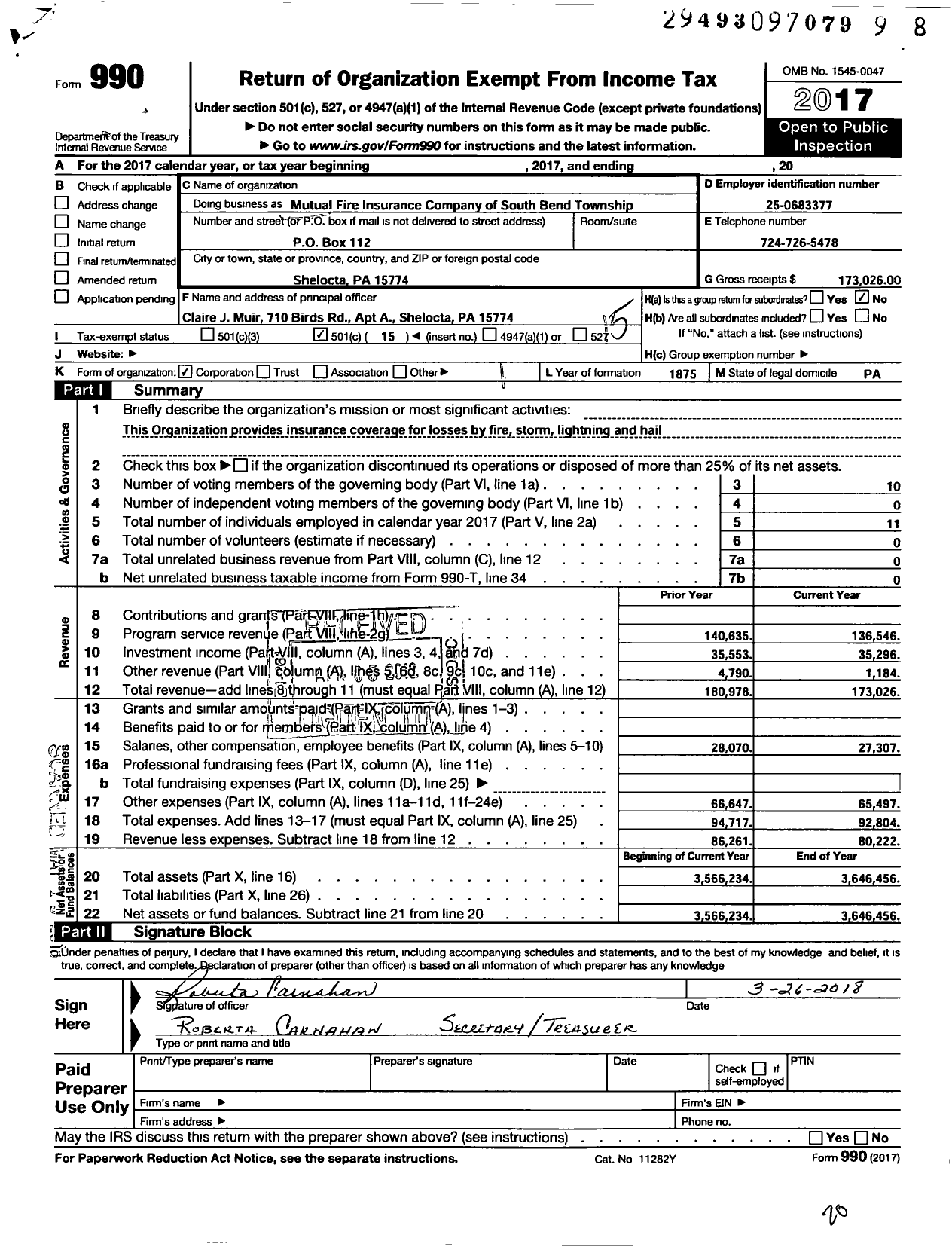 Image of first page of 2017 Form 990O for Mutual Fire Insurance Company of South Bend Township