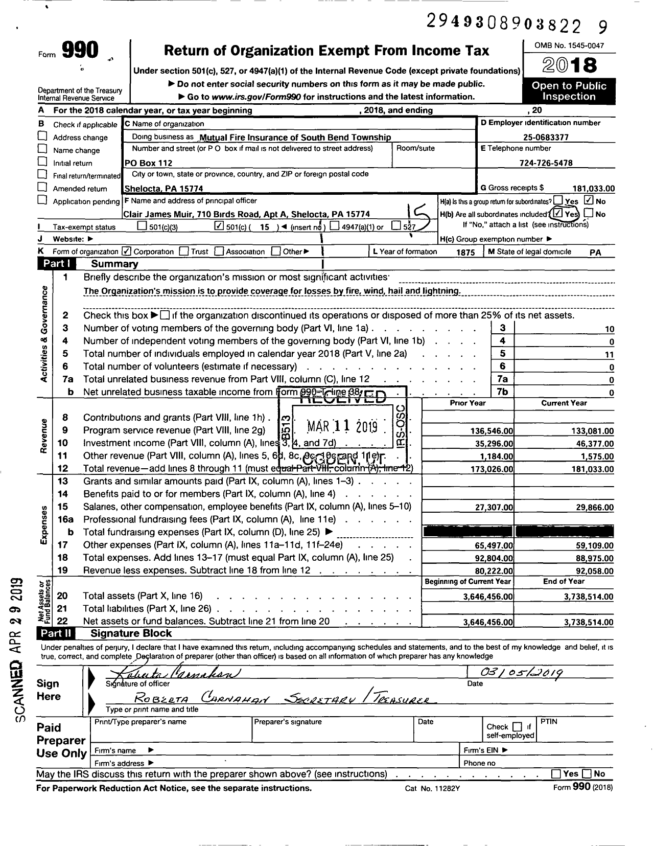 Image of first page of 2018 Form 990O for Mutual Fire Insurance Company of South Bend Township