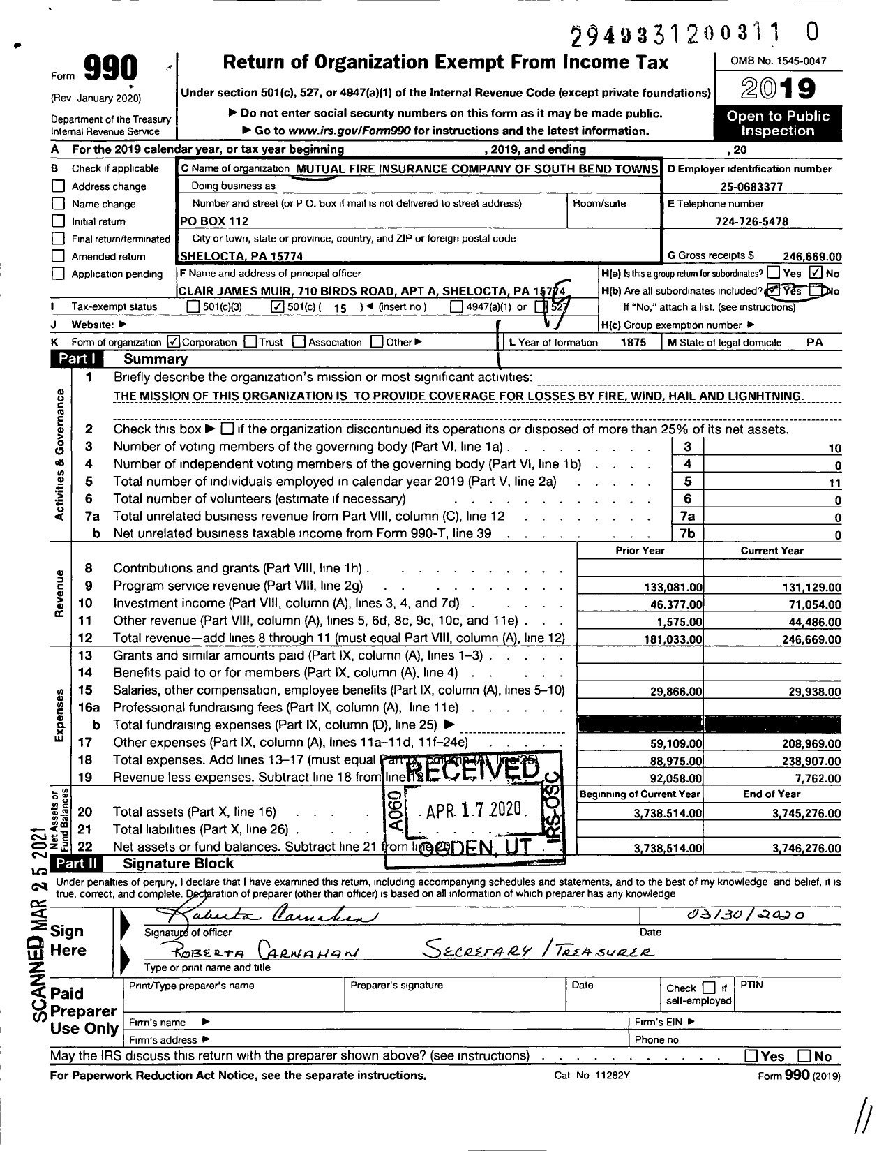 Image of first page of 2019 Form 990O for Mutual Fire Insurance Company of South Bend Township