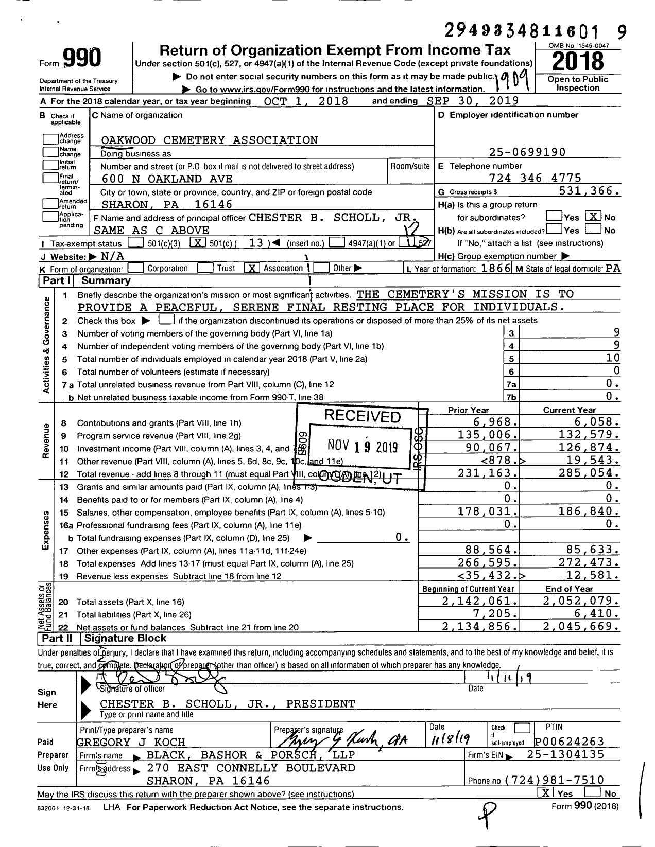 Image of first page of 2018 Form 990O for Oakwood Cemetery Association