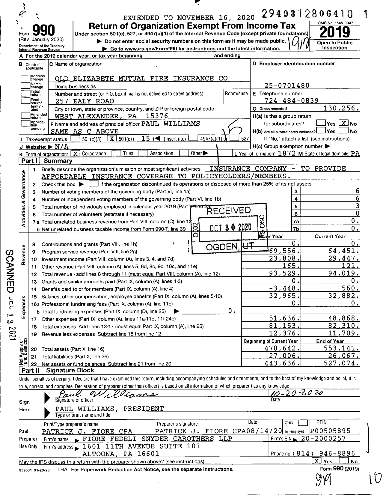 Image of first page of 2019 Form 990O for Old Elizabeth Mutual Fire Insurance