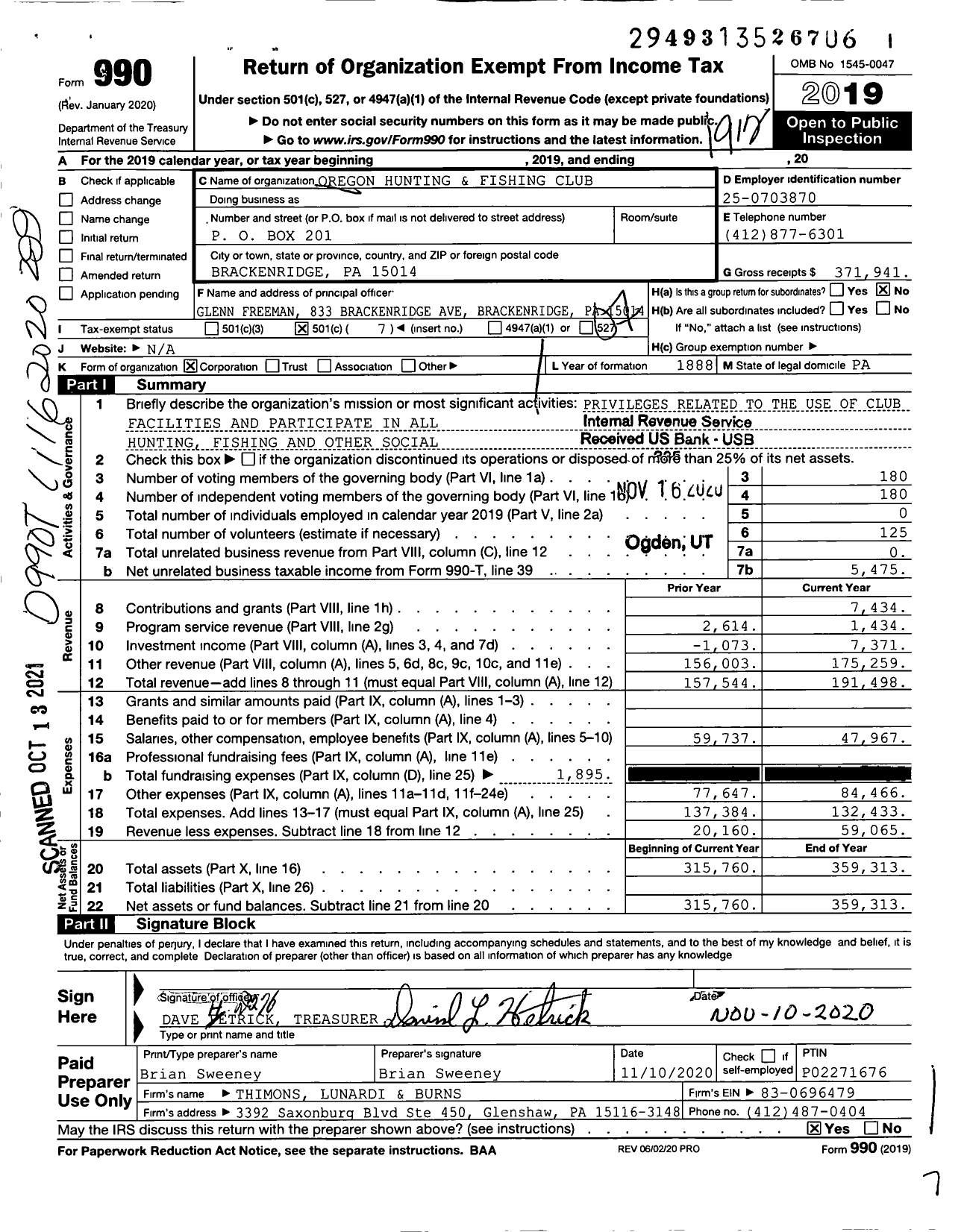 Image of first page of 2019 Form 990O for Oregon Hunting and Fishing Club