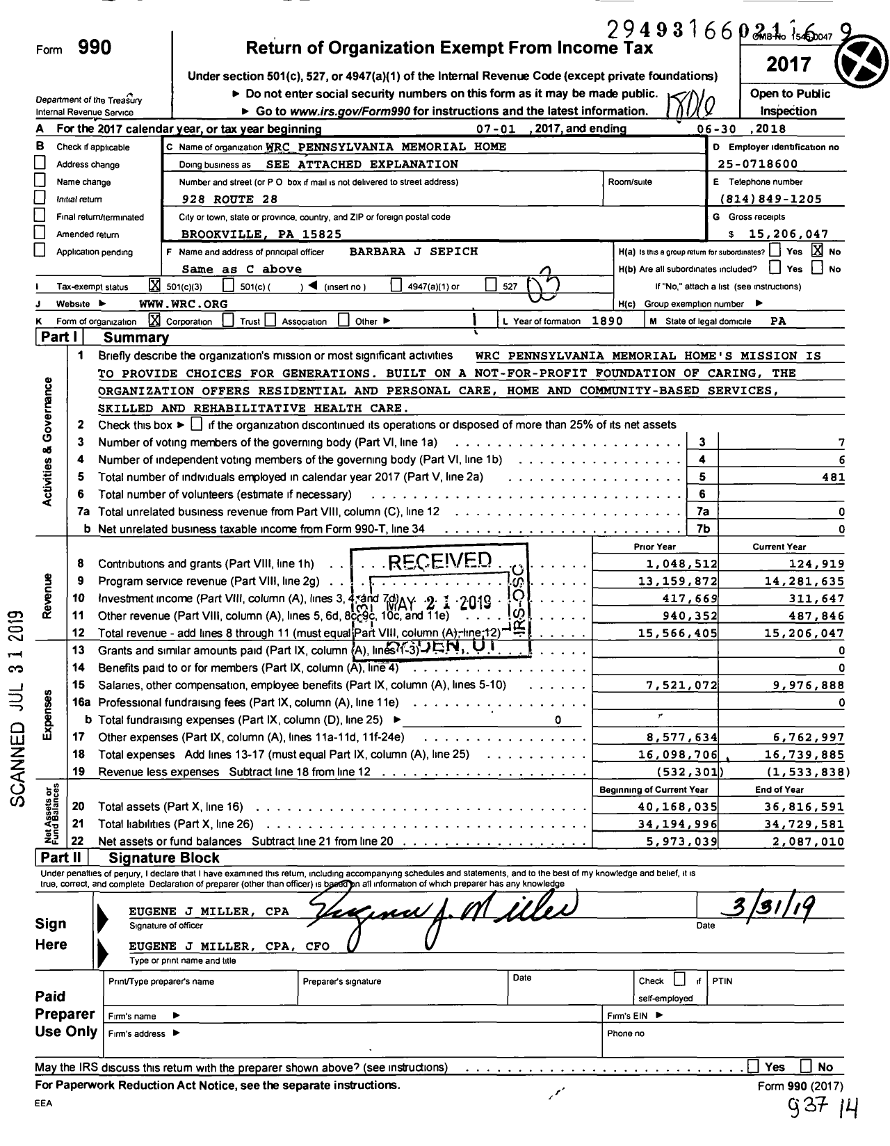 Image of first page of 2017 Form 990 for WRC Pennsylvania Memorial Home