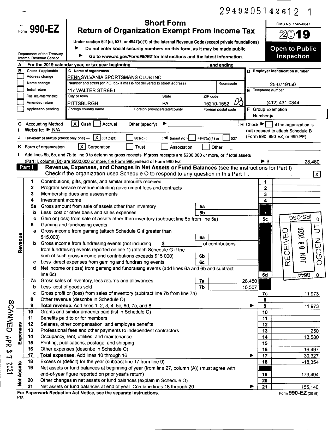 Image of first page of 2019 Form 990EZ for Pennsylvania Sportsmans Club