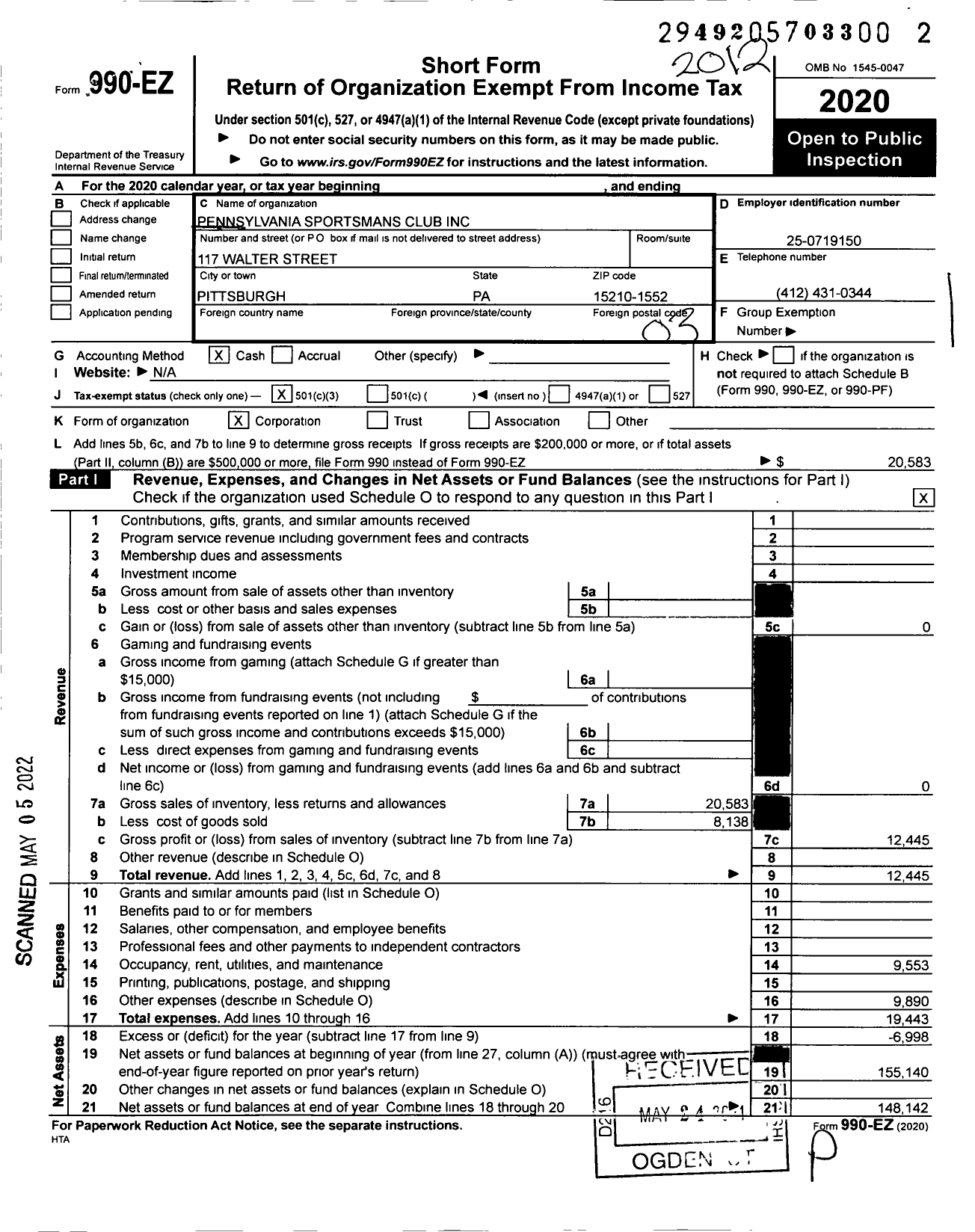 Image of first page of 2020 Form 990EZ for Pennsylvania Sportsmans Club