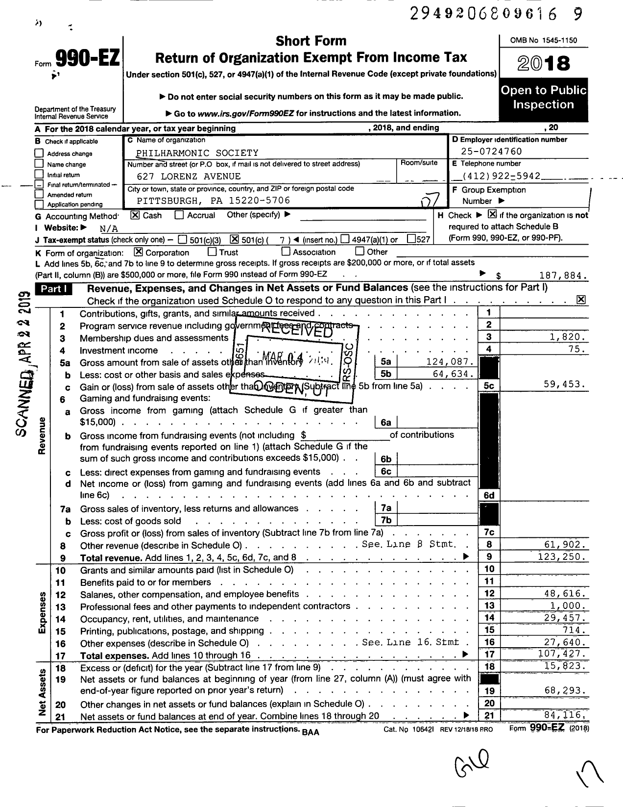 Image of first page of 2018 Form 990EO for Philharmonic Society