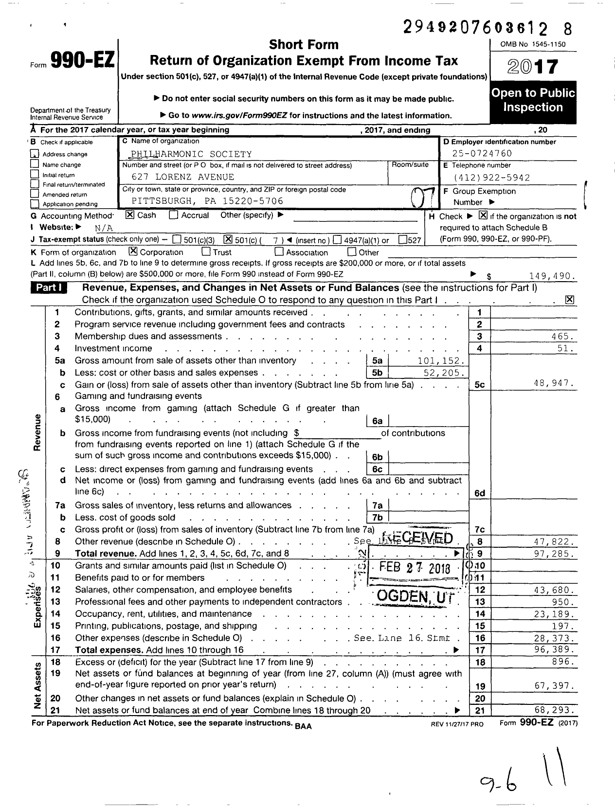 Image of first page of 2017 Form 990EO for Philharmonic Society