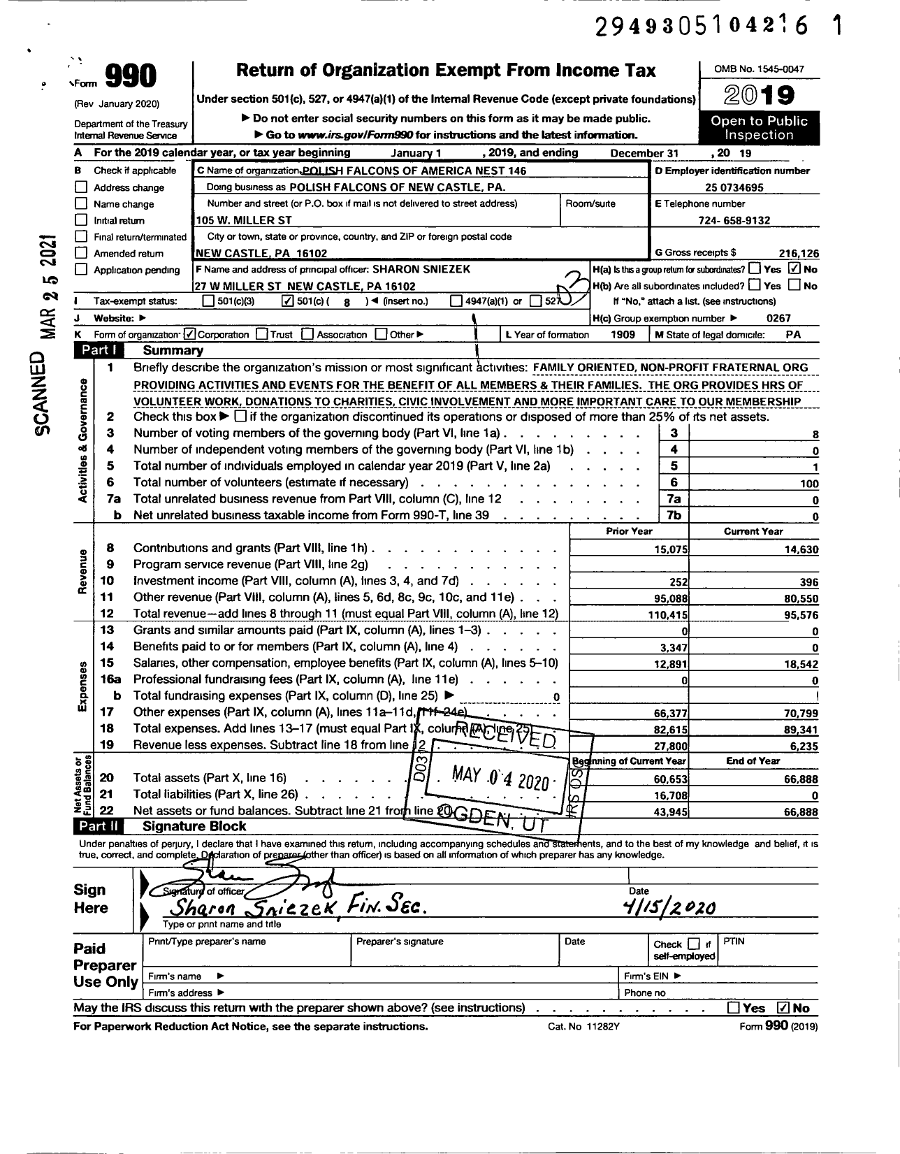 Image of first page of 2019 Form 990 for The Polish Falcons of New Castle Pennsylvania - 146 New Castle Nest