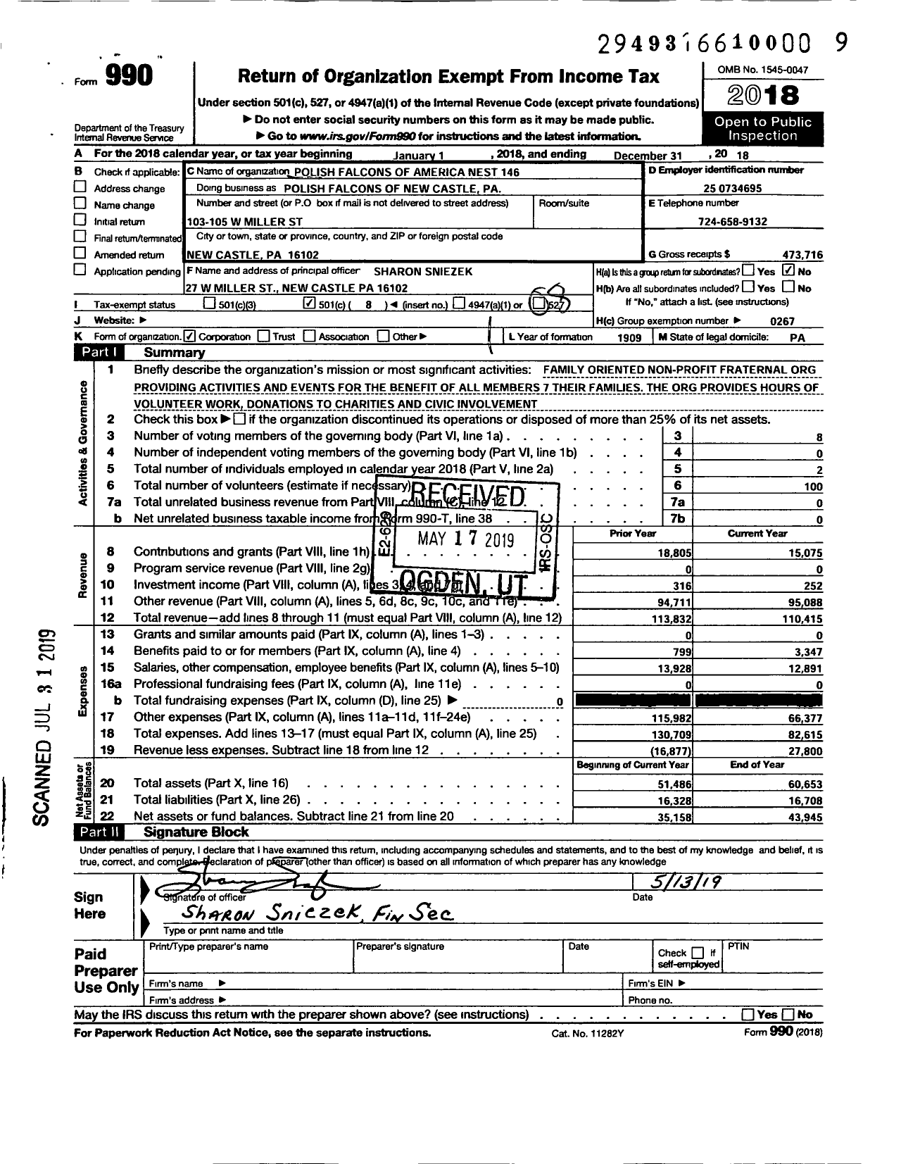 Image of first page of 2018 Form 990O for The Polish Falcons of New Castle Pennsylvania - 146 New Castle Nest