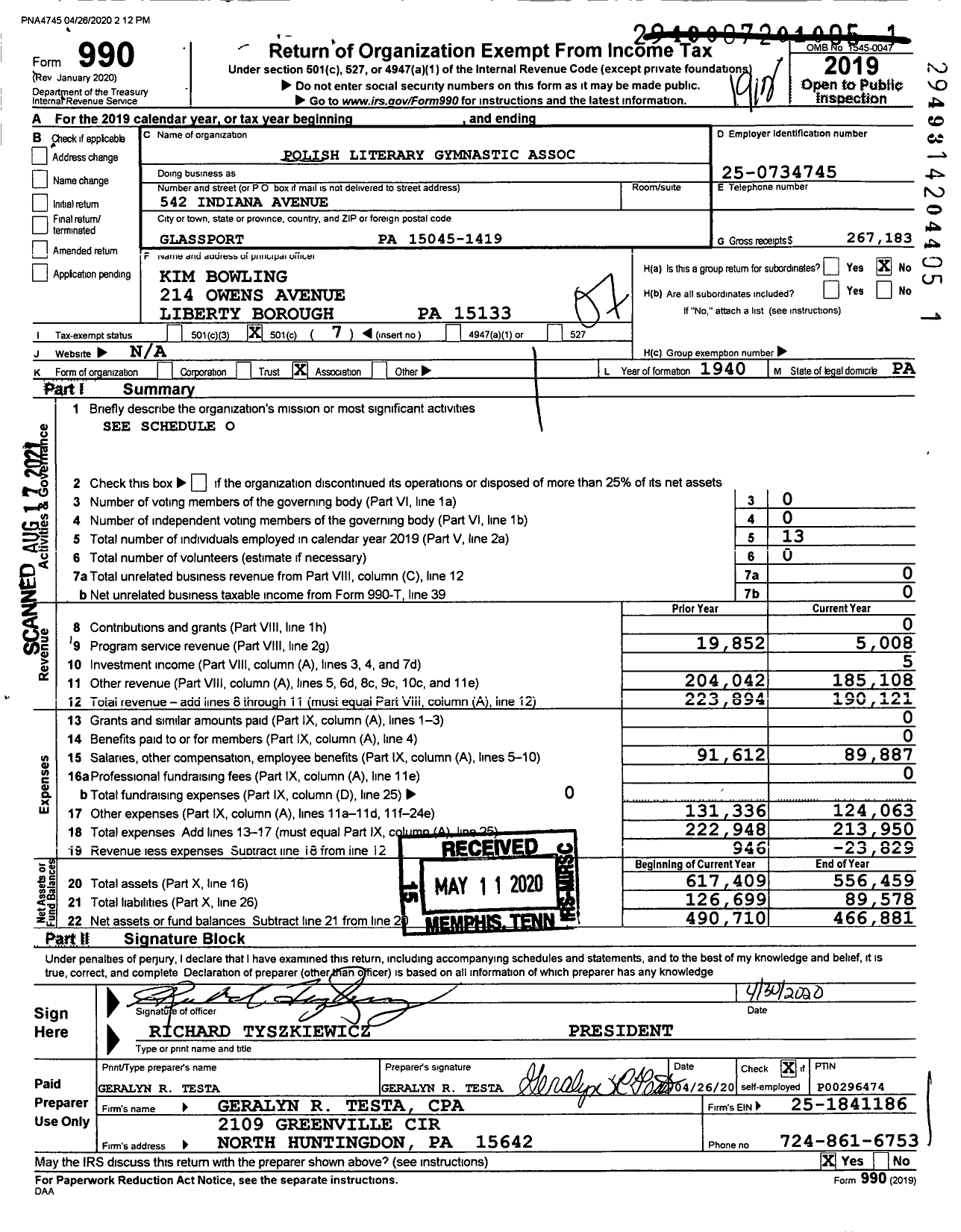 Image of first page of 2019 Form 990O for Polish National Alliance - 750 Polish Literary Gymnastic Assoc