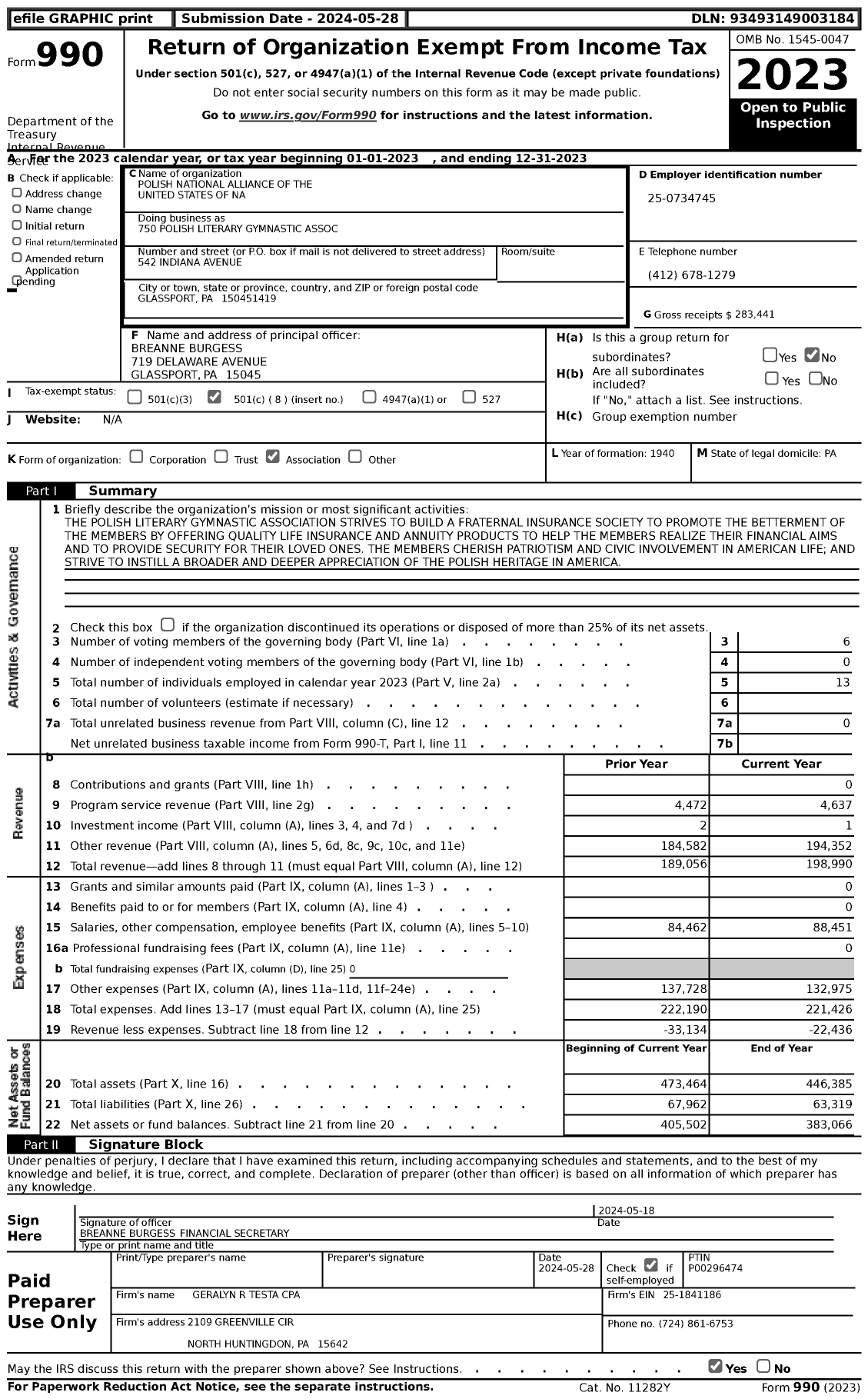 Image of first page of 2023 Form 990 for Polish National Alliance - 750 Polish Literary Gymnastic Assoc