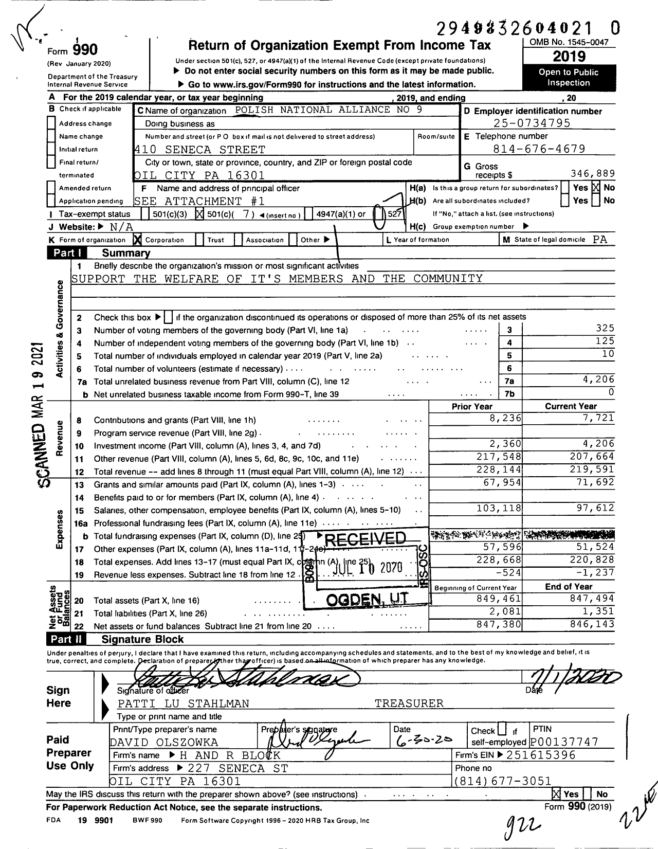 Image of first page of 2019 Form 990O for Polish National Alliance No 905