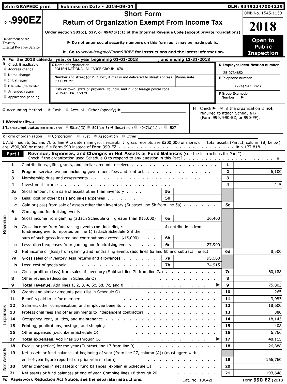 Image of first page of 2018 Form 990EZ for Polish National Alliance - 1870