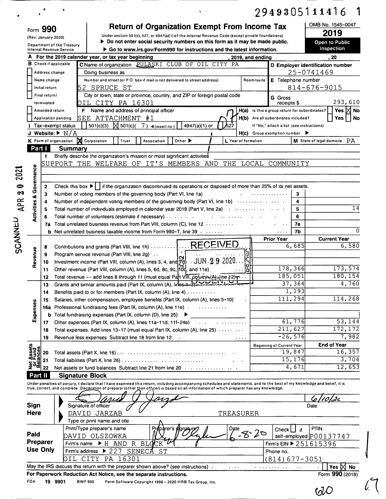 Image of first page of 2019 Form 990O for Pulaski Club of Oil City Pa