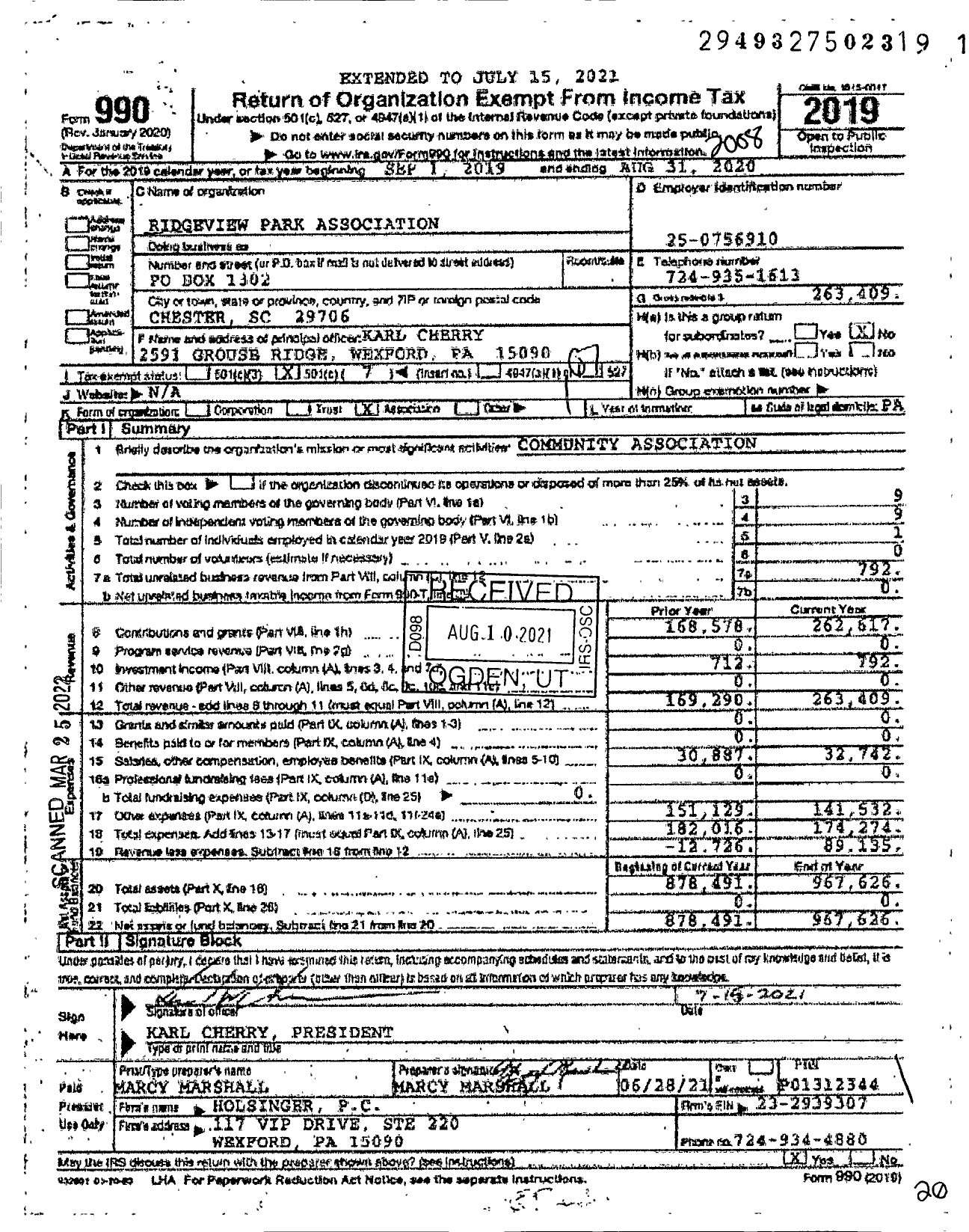 Image of first page of 2019 Form 990O for Ridgeview Park Association