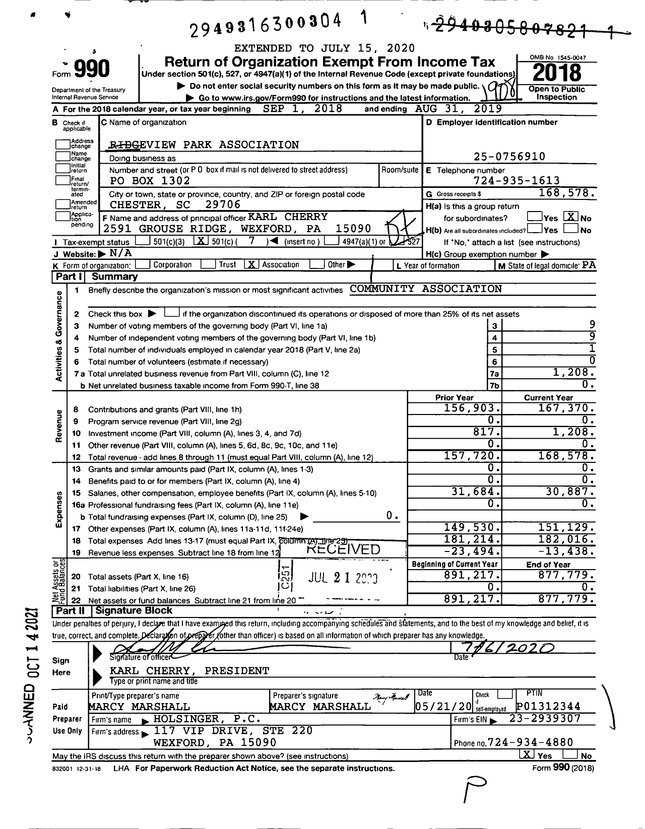 Image of first page of 2018 Form 990O for Ridgeview Park Association