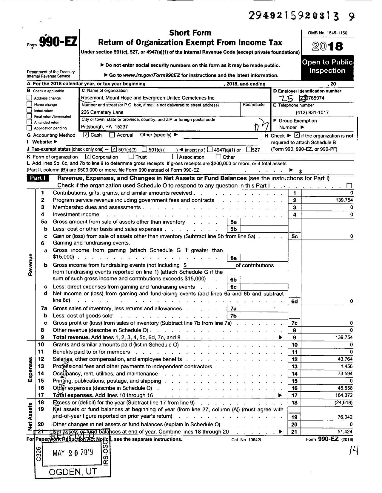 Image of first page of 2018 Form 990EZ for Rosemont MT Hope and Evergreen United Cemeteries