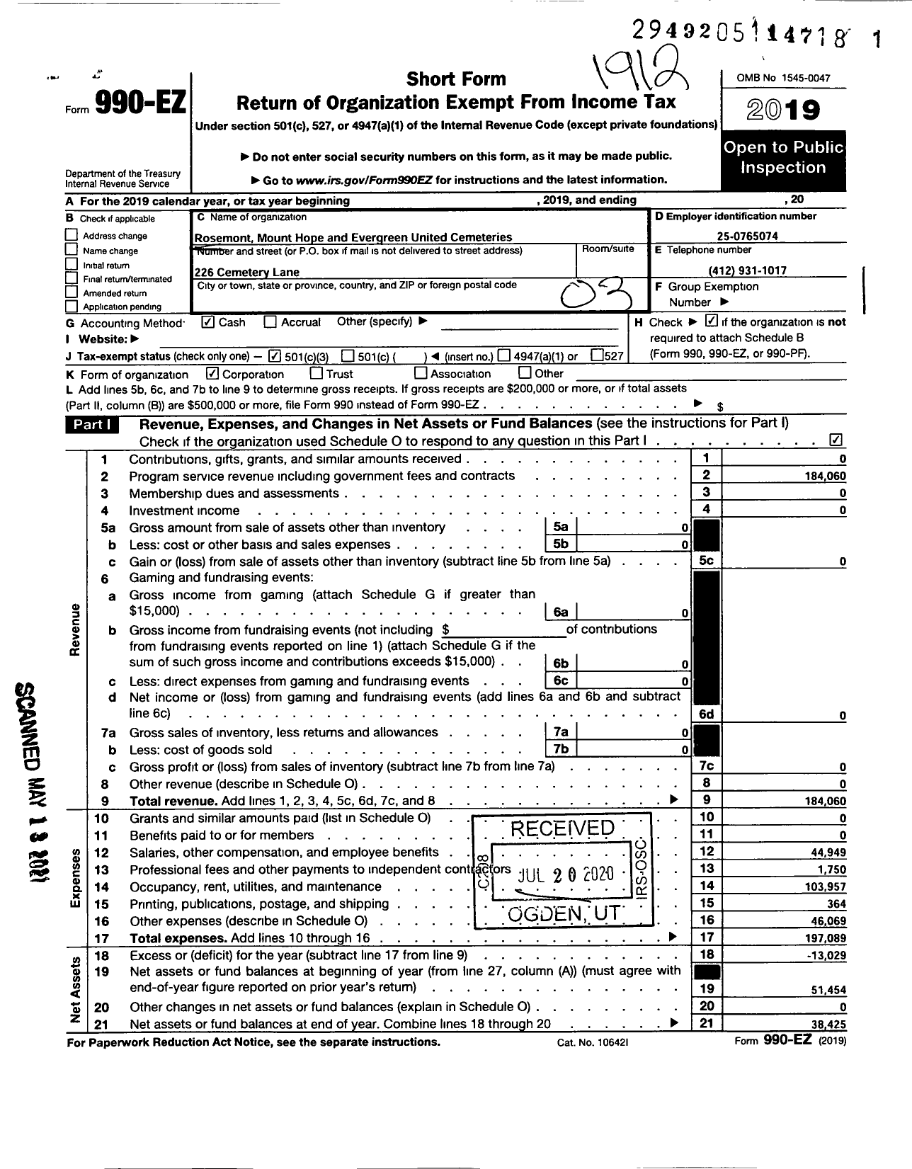 Image of first page of 2019 Form 990EZ for Rosemont MT Hope and Evergreen United Cemeteries