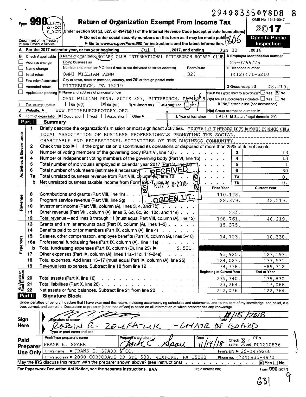 Image of first page of 2017 Form 990O for Rotary International - Pittsburgh Rotary Club