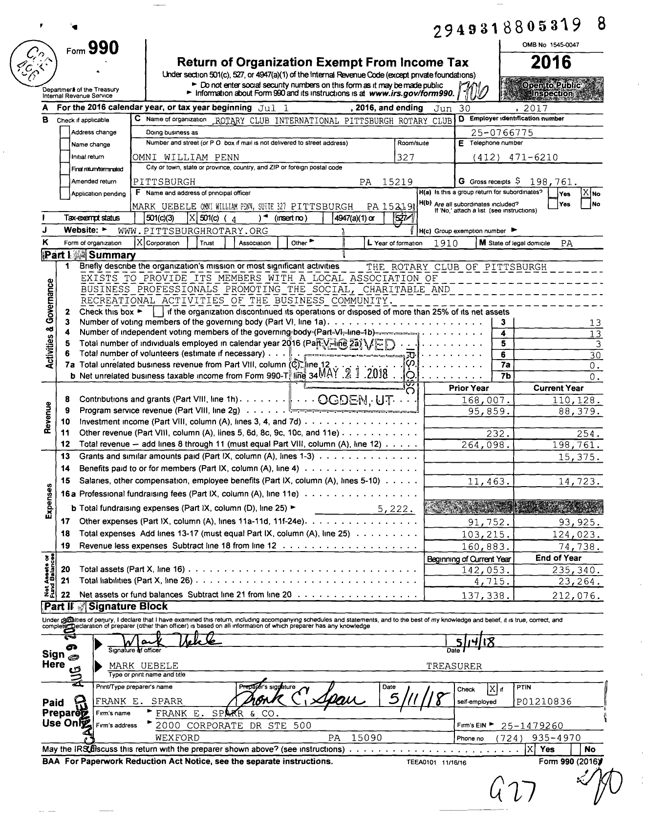 Image of first page of 2016 Form 990O for Rotary International - Pittsburgh Rotary Club