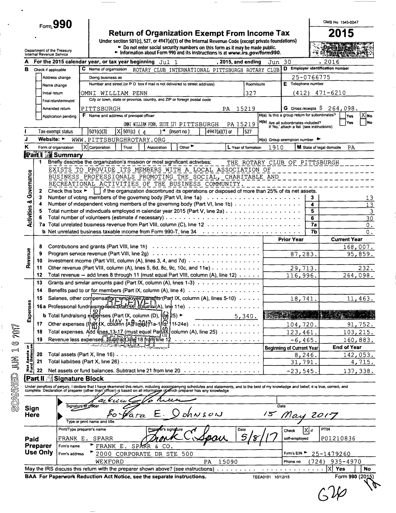 Image of first page of 2015 Form 990O for Rotary International - Pittsburgh Rotary Club