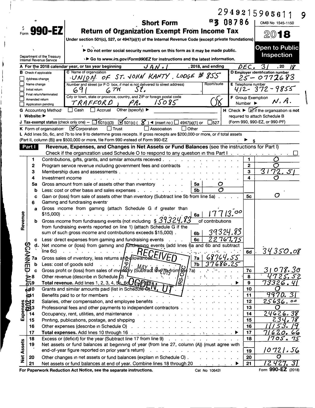 Image of first page of 2018 Form 990EO for Polish Roman Catholic Union of America - 855 Union of St John Kanty