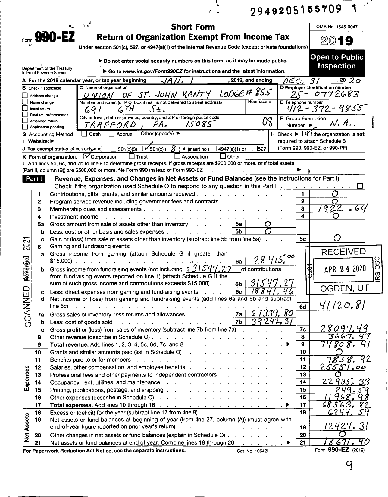 Image of first page of 2020 Form 990EO for Polish Roman Catholic Union of America - 855 Union of St John Kanty