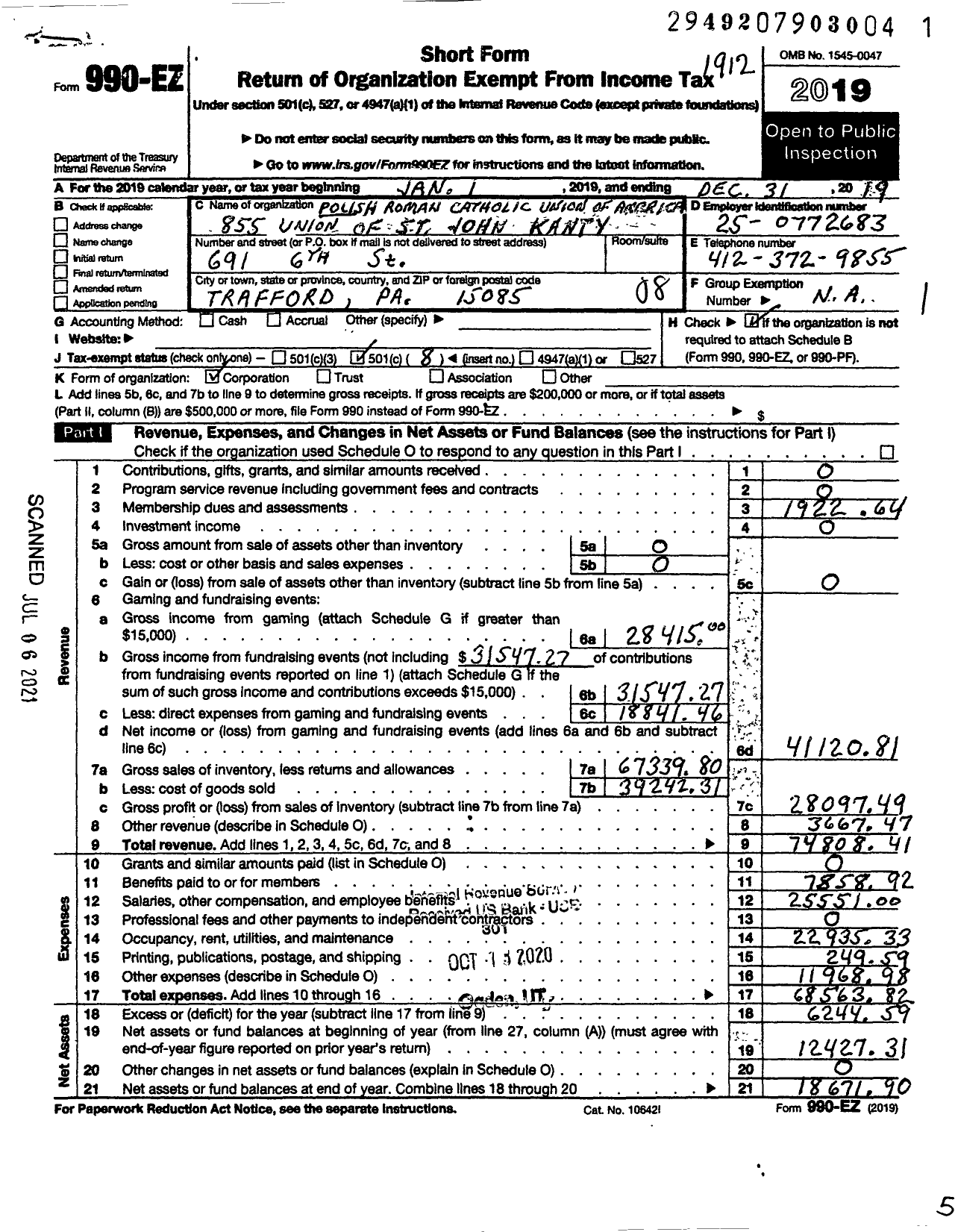 Image of first page of 2019 Form 990EO for Polish Roman Catholic Union of America - 855 Union of St John Kanty