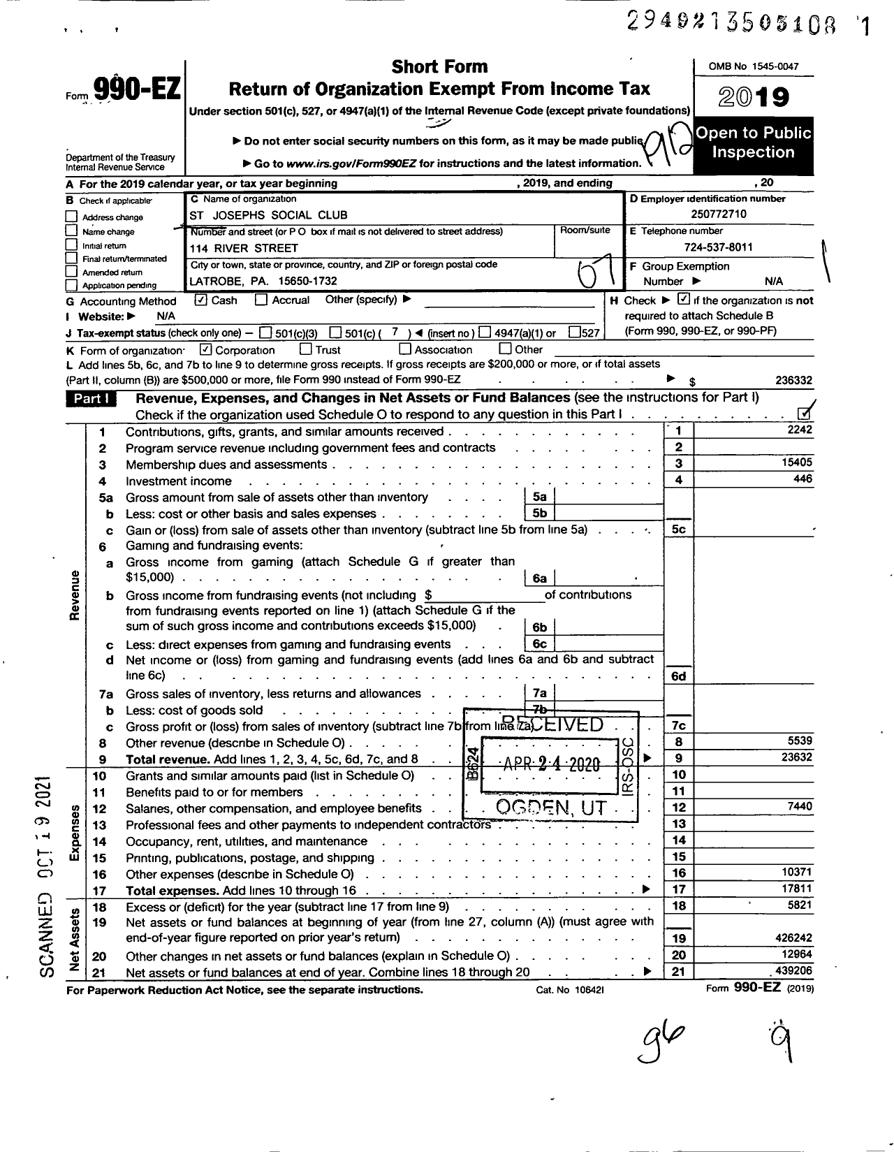 Image of first page of 2019 Form 990EO for St Josephs Social Club